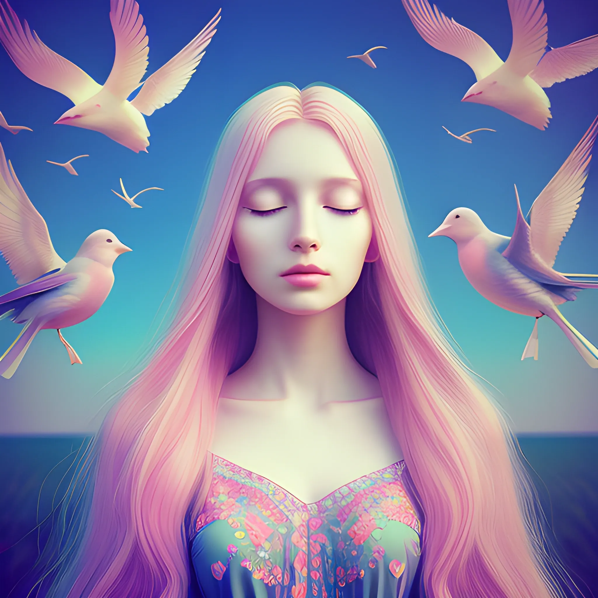 beautiful woman, , peace, innocence, serenity, long hair, birds, surreal, pastel colors, high definition, stunning graphics, 3D, Trippy