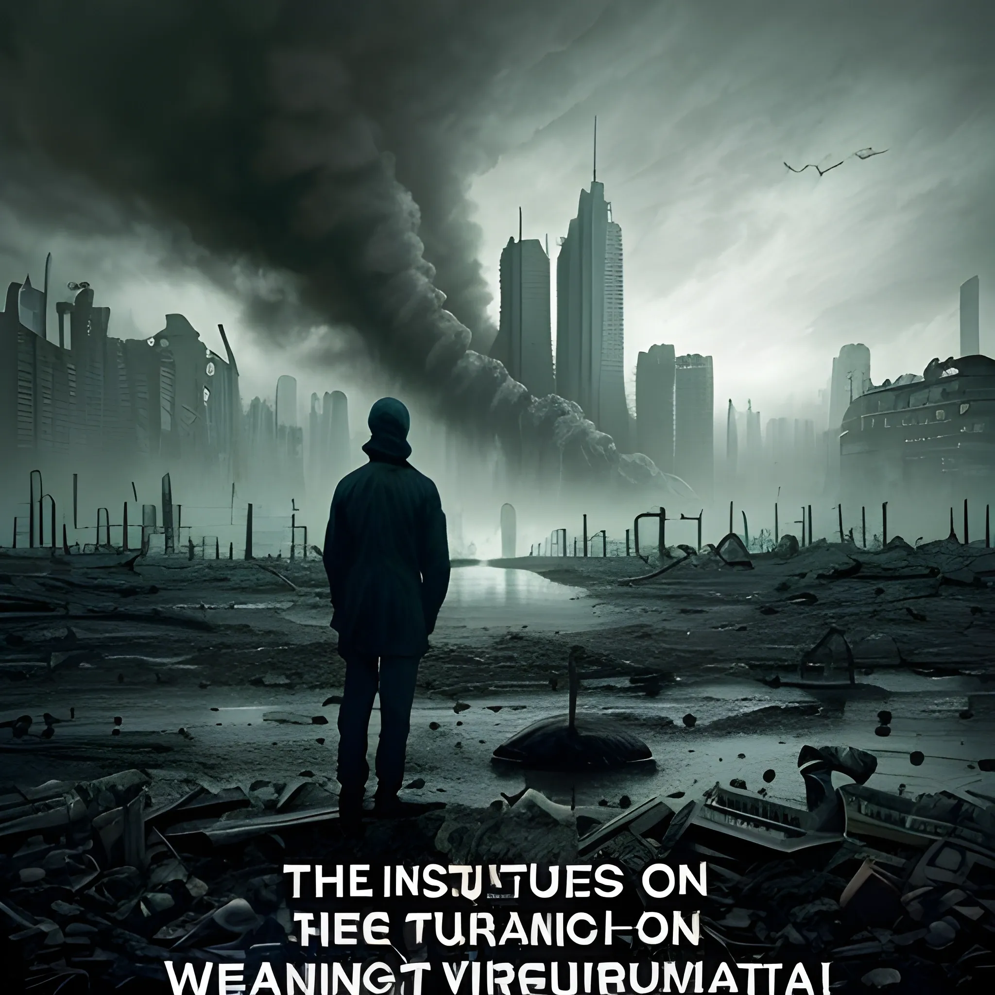 The image depicts a haunting and devastating panorama, evoking the sense of an impending apocalypse. The backdrop showcases a once-thriving city now in ruins, with towering skyscrapers crumbling, streets desolate, and an eerie haze hanging over the landscape. The sky is a somber blend of dark hues, reflecting the gravity of the situation. Prominently displayed throughout the image are warnings of the virus's origin - the insidious underground sewer systems, which served as the conduit for the deadly pathogen to infiltrate the city's water supply. This serves as a stark reminder of the unexpected threats that can emerge and their catastrophic consequences. Amidst the bleak surroundings, images of medical researchers and scientists working tirelessly in laboratories are subtly incorporated, signifying that the solution to this catastrophic virus lies in scientific advancements and community collaboration. The overall tone of the image serves as a powerful and urgent call-to-action for individuals to unite against the impending global catastrophe. It aims to inspire empathy, determination, and a shared responsibility to combat the devastating virus and reclaim a future free from its destructive grip. Include the back of few persons desolated in the middle of the imagen , Trippy