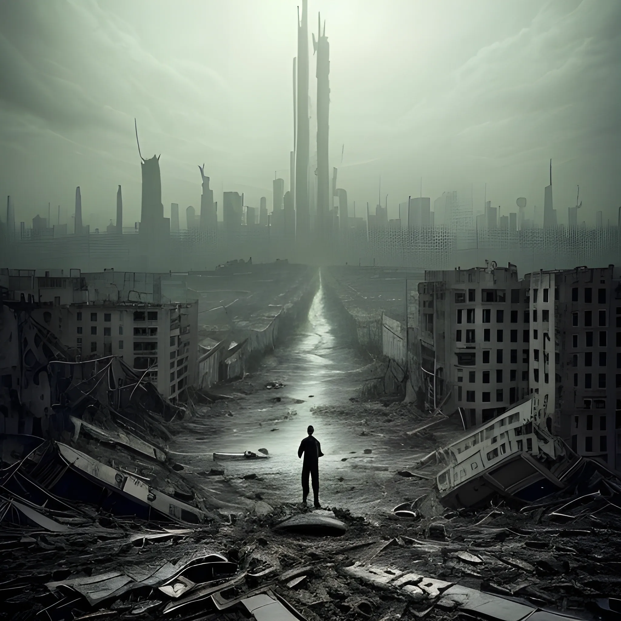 The image depicts a haunting and devastating panorama, evoking the sense of an impending apocalypse. The backdrop showcases a once-thriving city now in ruins, with towering skyscrapers crumbling, streets desolate, and an eerie haze hanging over the landscape. The sky is a somber blend of dark hues, reflecting the gravity of the situation. Prominently displayed throughout the image are warnings of the virus's origin - the insidious underground sewer systems, which served as the conduit for the deadly pathogen to infiltrate the city's water supply. This serves as a stark reminder of the unexpected threats that can emerge and their catastrophic consequences. Amidst the bleak surroundings, images of medical researchers and scientists working tirelessly in laboratories are subtly incorporated, signifying that the solution to this catastrophic virus lies in scientific advancements and community collaboration. The overall tone of the image serves as a powerful and urgent call-to-action for individuals to unite against the impending global catastrophe. It aims to inspire empathy, determination, and a shared responsibility to combat the devastating virus and reclaim a future free from its destructive grip. Include the back of few persons desolated in the middle of the imagen. No text on the image, Trippy