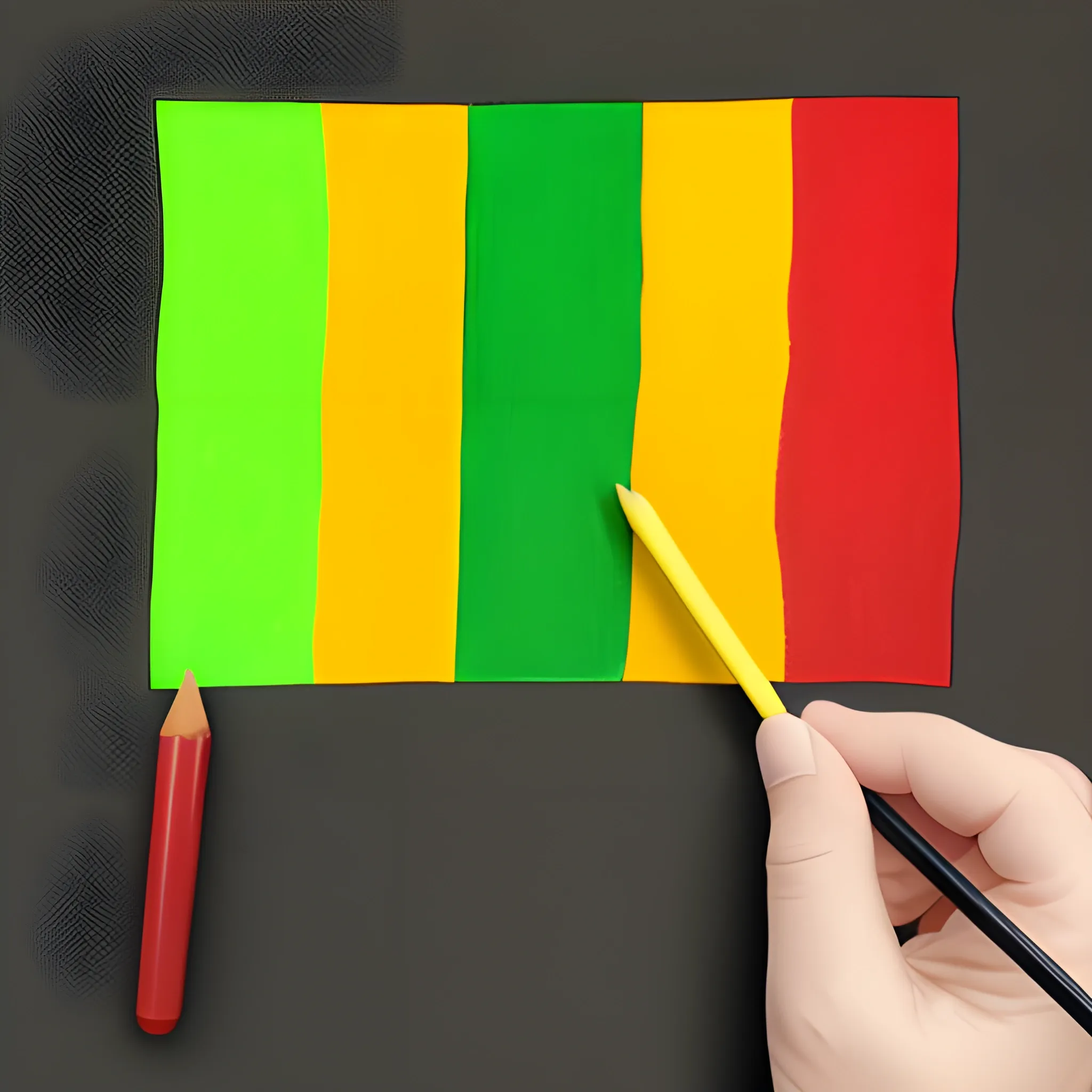 Draw a flag with 3 colors, first red, second yellow and third dark green
