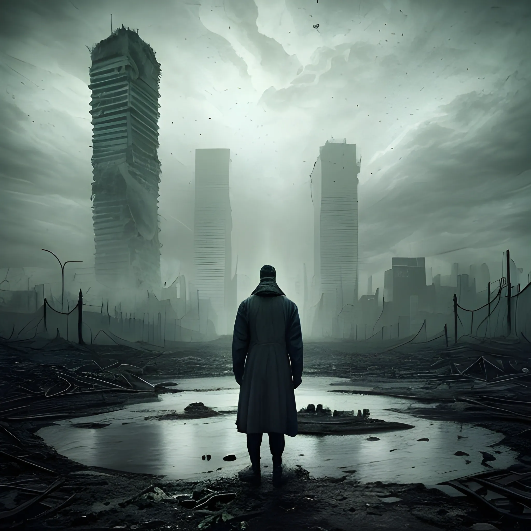 The image depicts a haunting and devastating panorama, evoking the sense of an impending apocalypse. The backdrop showcases a once-thriving city now in ruins, with towering skyscrapers crumbling, streets desolate, and an eerie haze hanging over the landscape. The sky is a somber blend of dark hues, reflecting the gravity of the situation.

Prominently displayed throughout the image are warnings of the virus's origin - the insidious underground sewer systems, which served as the conduit for the deadly pathogen to infiltrate the city's water supply. This serves as a stark reminder of the unexpected threats that can emerge and their catastrophic consequences.

Include the back of few persons in the middle of the image, with desolated actitud.

Amidst the bleak surroundings, images of medical researchers and scientists working tirelessly in laboratories are subtly incorporated, signifying that the solution to this catastrophic virus lies in scientific advancements and community collaboration.

The overall tone of the image serves as a powerful and urgent call-to-action for individuals to unite against the impending global catastrophe. It aims to inspire empathy, determination, and a shared responsibility to combat the devastating virus and reclaim a future free from its destructive grip.
, Trippy, Trippy