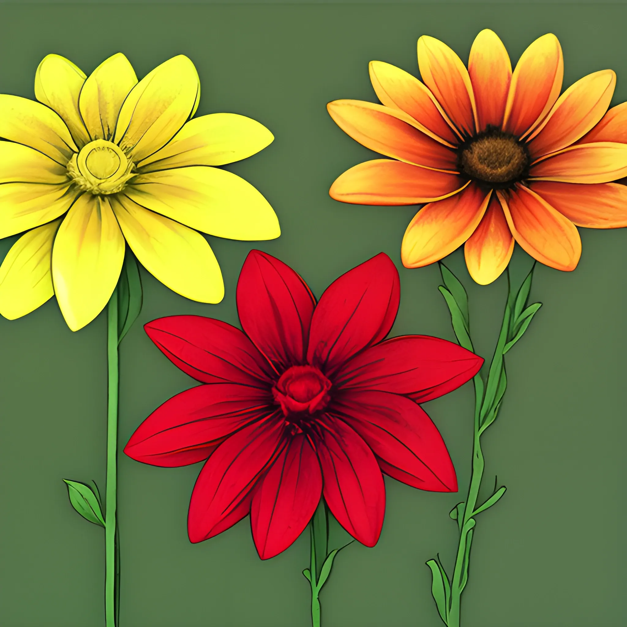 3 flowers, one red, one yellow and one dark green
