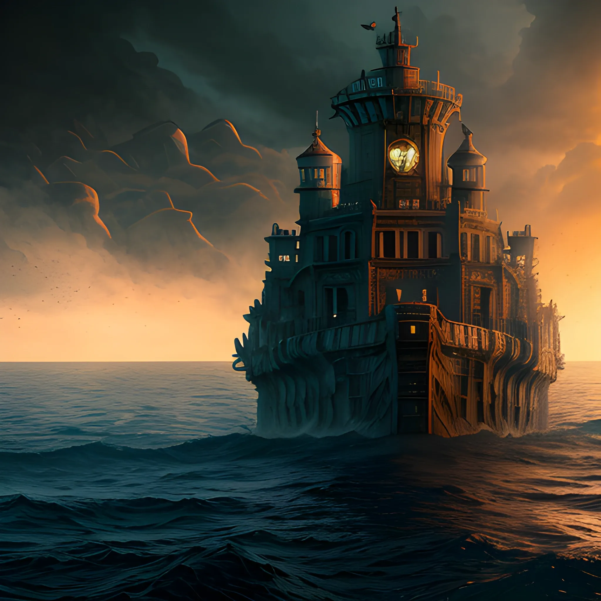 city of the present time sunk at the bottom of the sea, the water is dark, there is little light and shadows and silhouettes of sea monsters can be seen, insane detail, Detailed, 8k, realistic matte painting with photorealistic hdr volumetric lighting