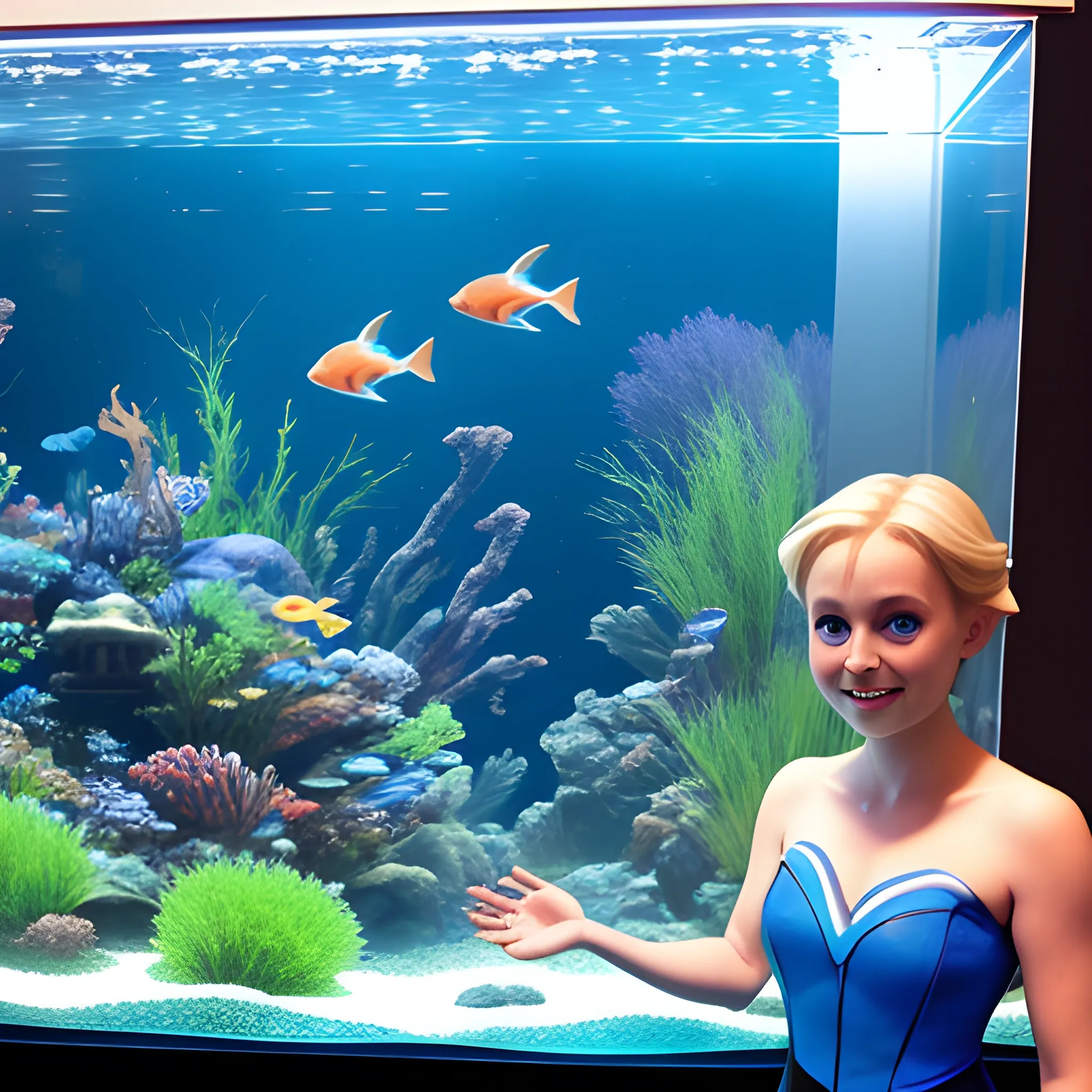  Dorie from nemo in Aquarium, Elsa of Arendale in Front of Aquarium