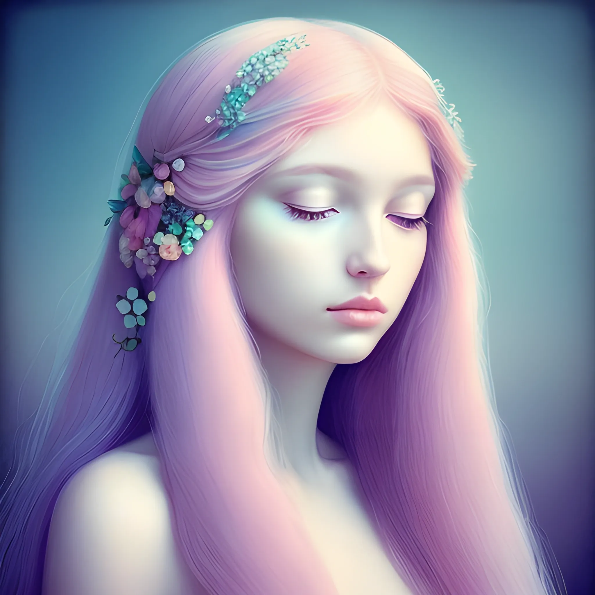 beautiful woman, peaceful, innocence, tranquility, long hair, incredibly detailed, surreal, pastel colors