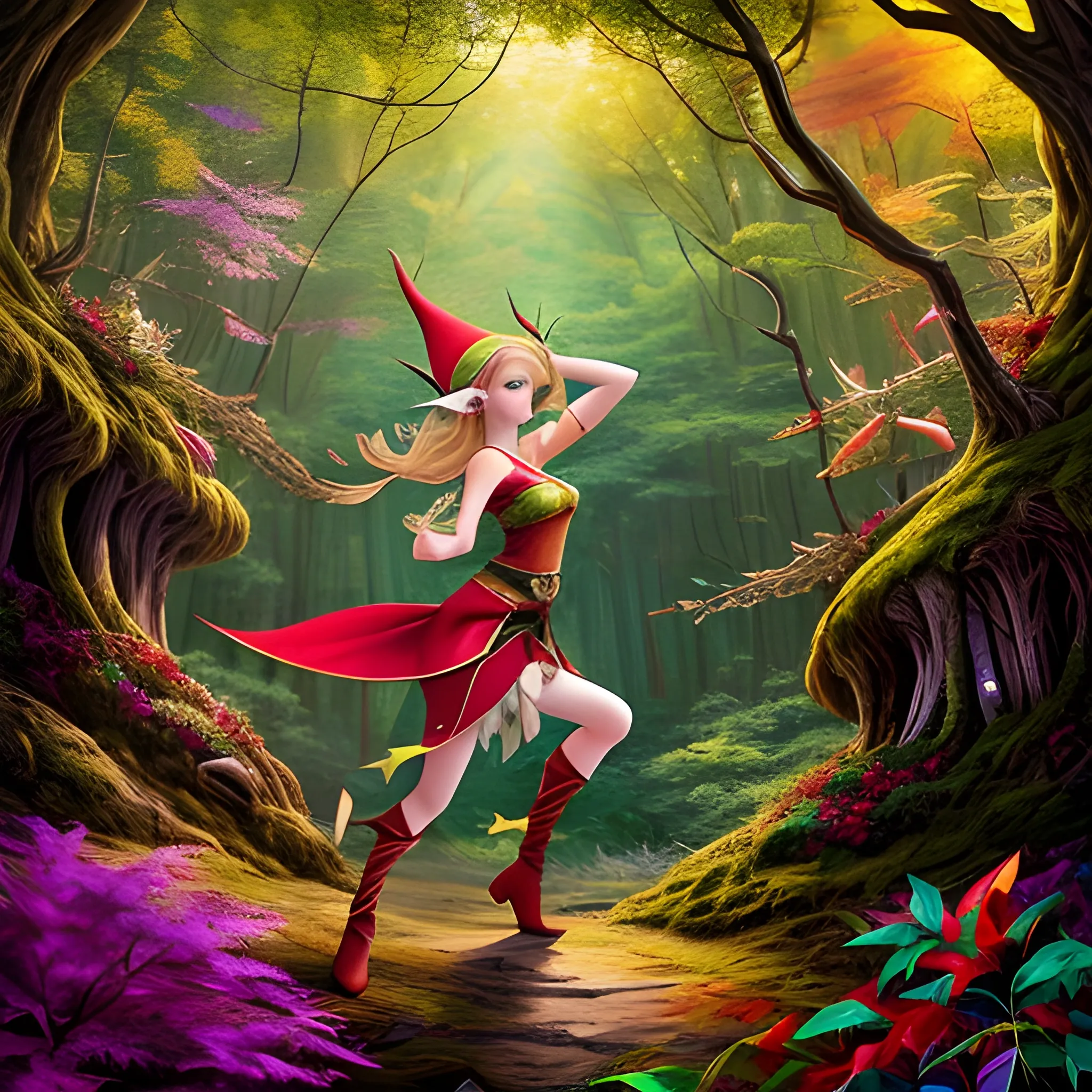 a beautiful elf aims a bow against the background of an incredibly beautiful and colorful forest.