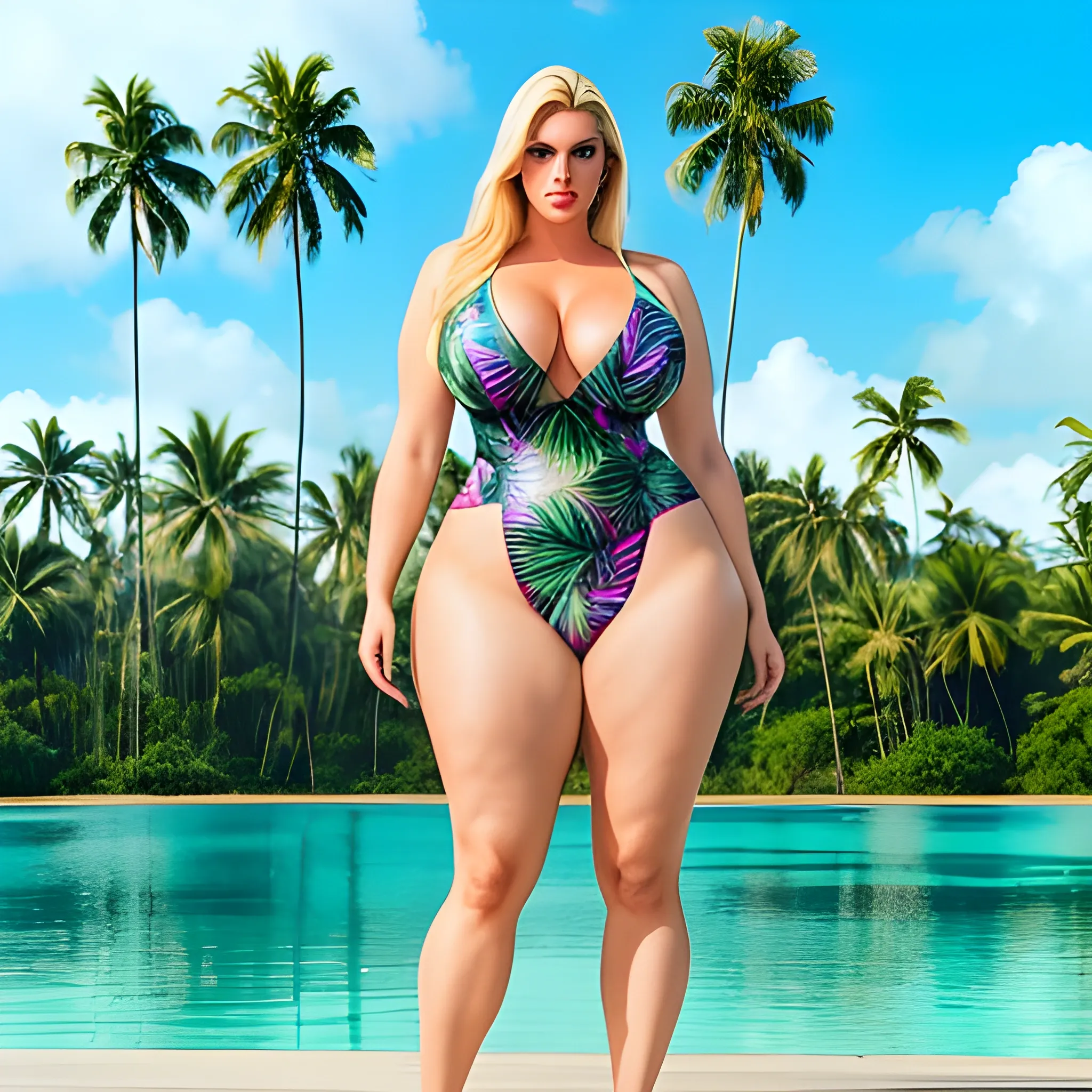 very tall plus size muscular blonde girl, with straight body shape, small head, broad shoulders and chest, slim hips, long thighs and legs, in tight short dress standing at a tropical lake under palm trees