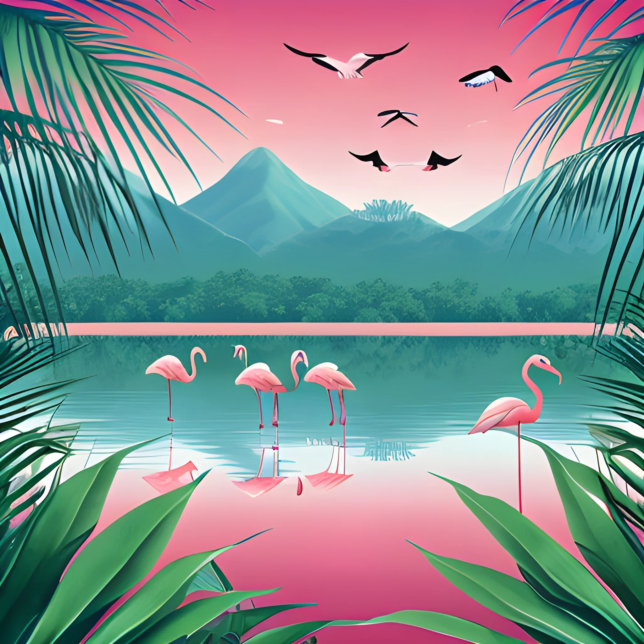 flamingos flying over tropical lake in tropical forest