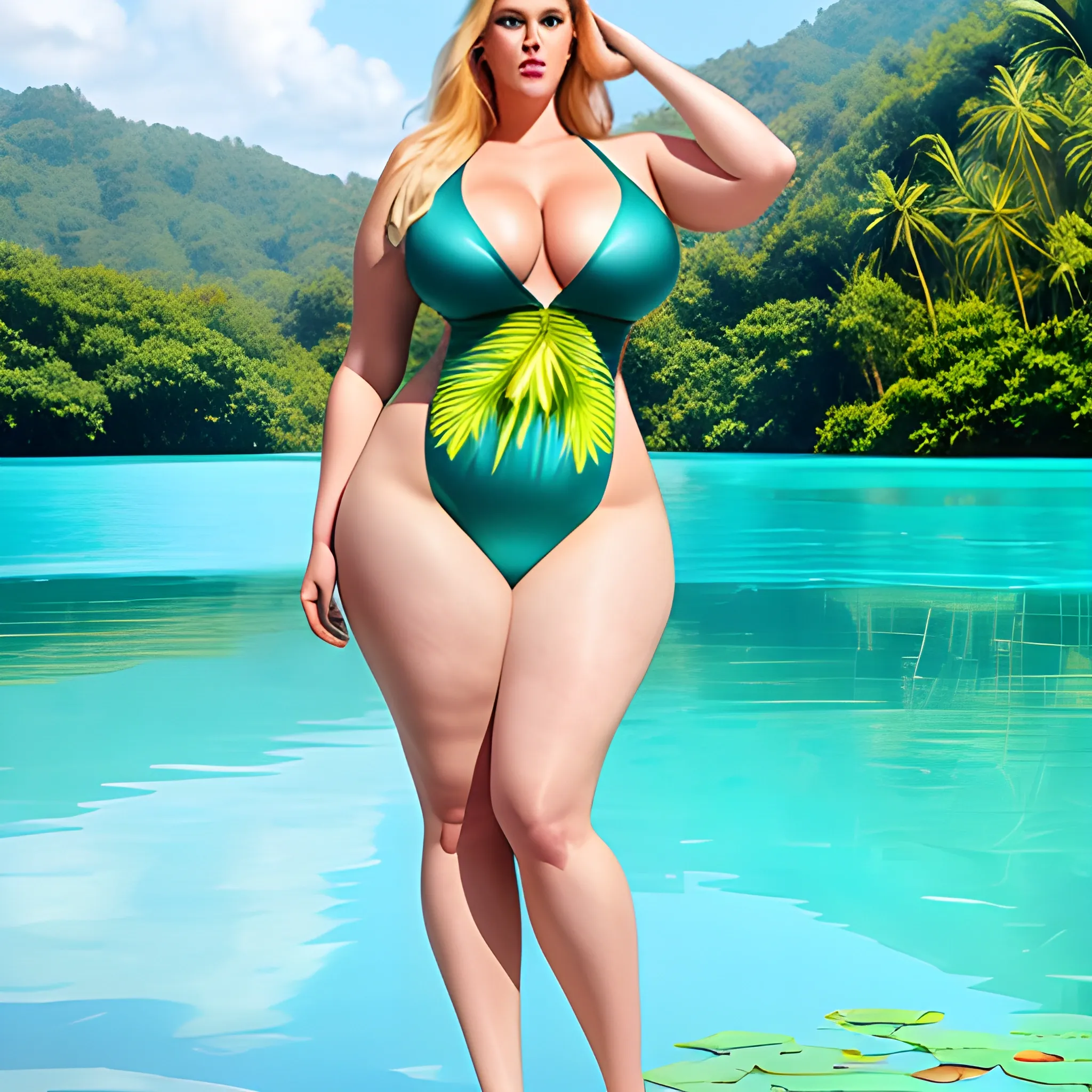 very tall plus size blonde girl, with straight body, small head, broad shoulders, small breasts, long slim hips and legs, in tight short dress, standing straddled in tropical lake 