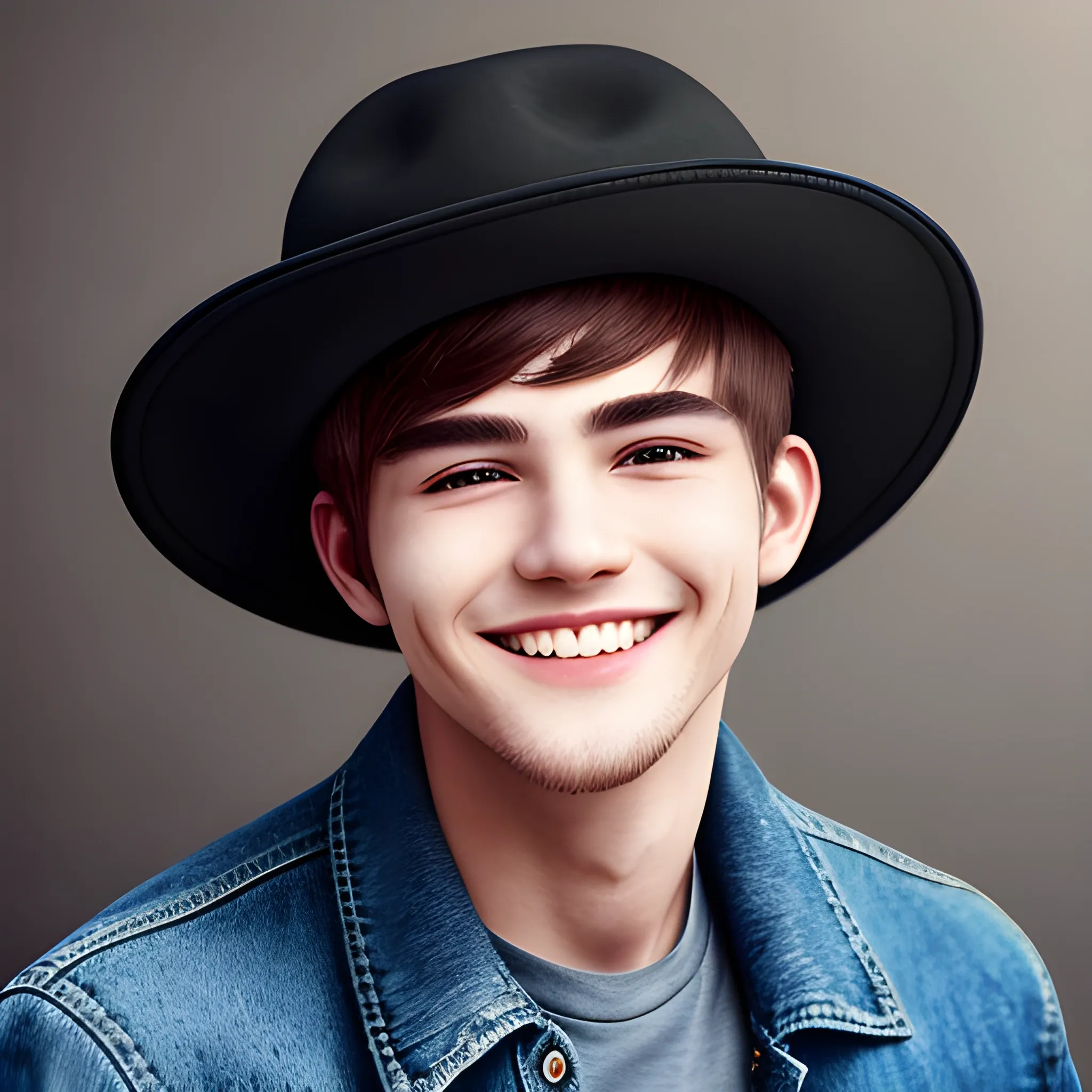 man, short hair, hairstyle, close up portrait, showing smile, wears a black hat, jeans jacket.