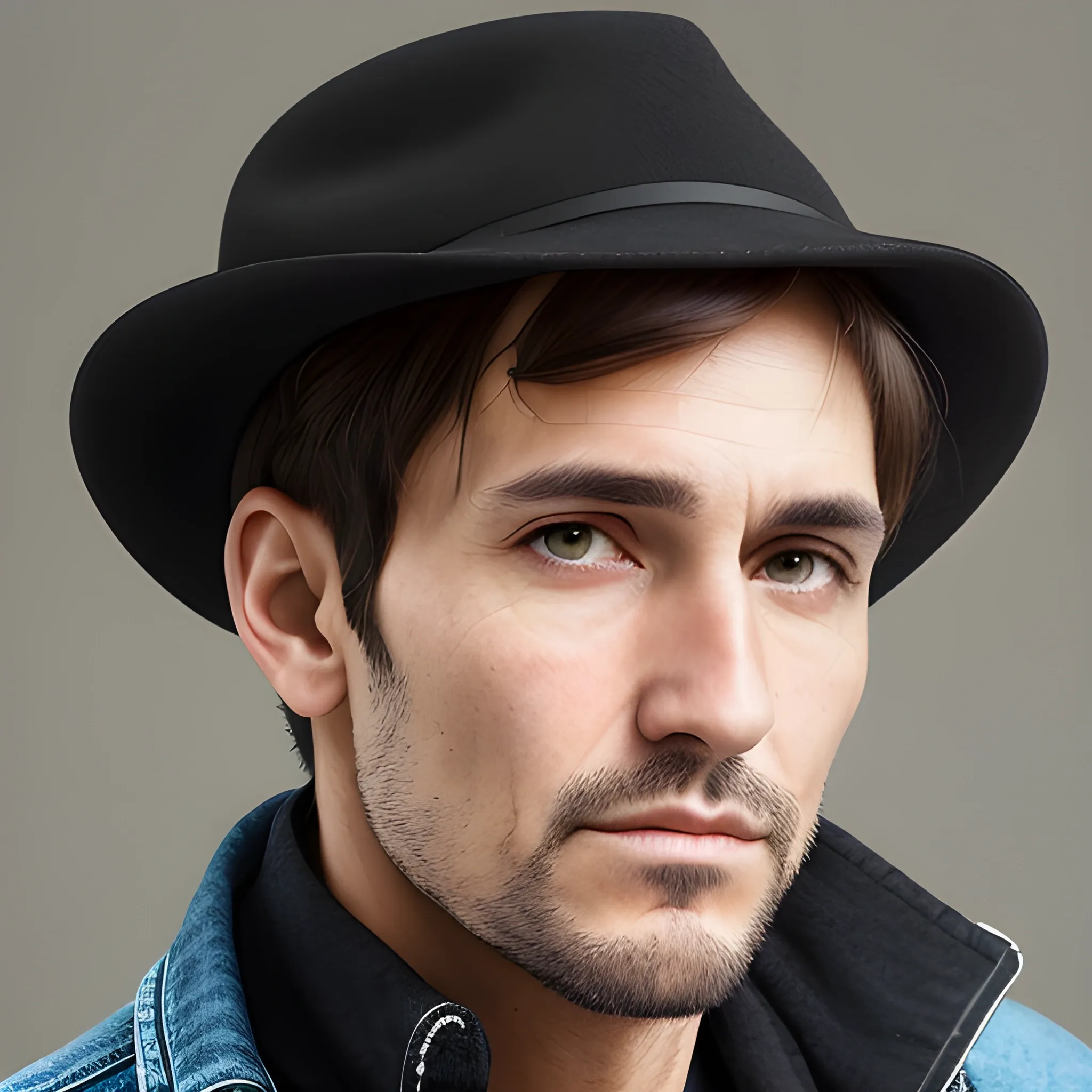 man, short hair, hairstyle, close-up portrait, showing seriousness, wears a black hat, jeans jacket, age 40, European face.