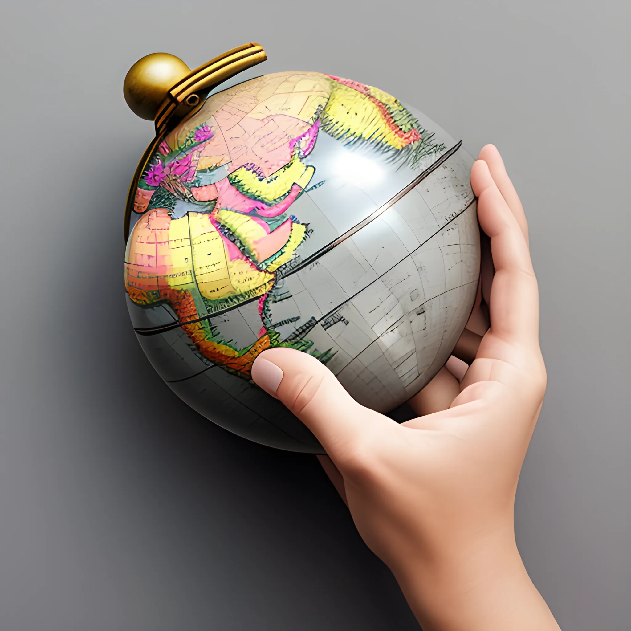 Terraqueo globe held in the palm of one hand with a gray background