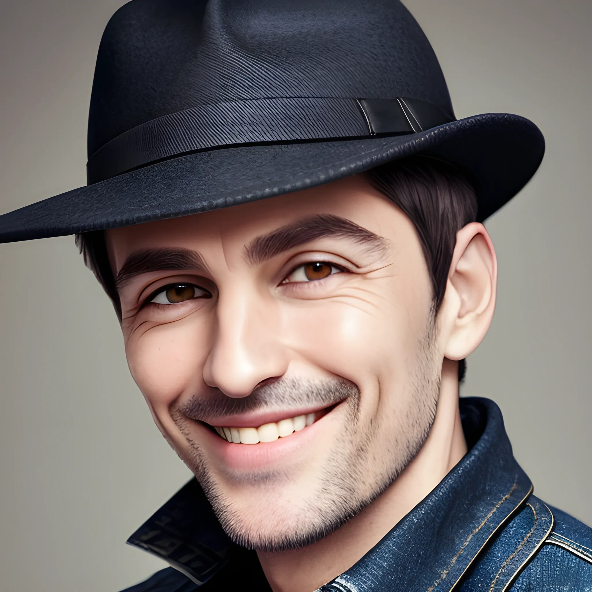 man, short hair, hairstyle, close up portrait, showing smile, elegant, wears a black hat, jeans jacket, age 40, European face, bedroom background.