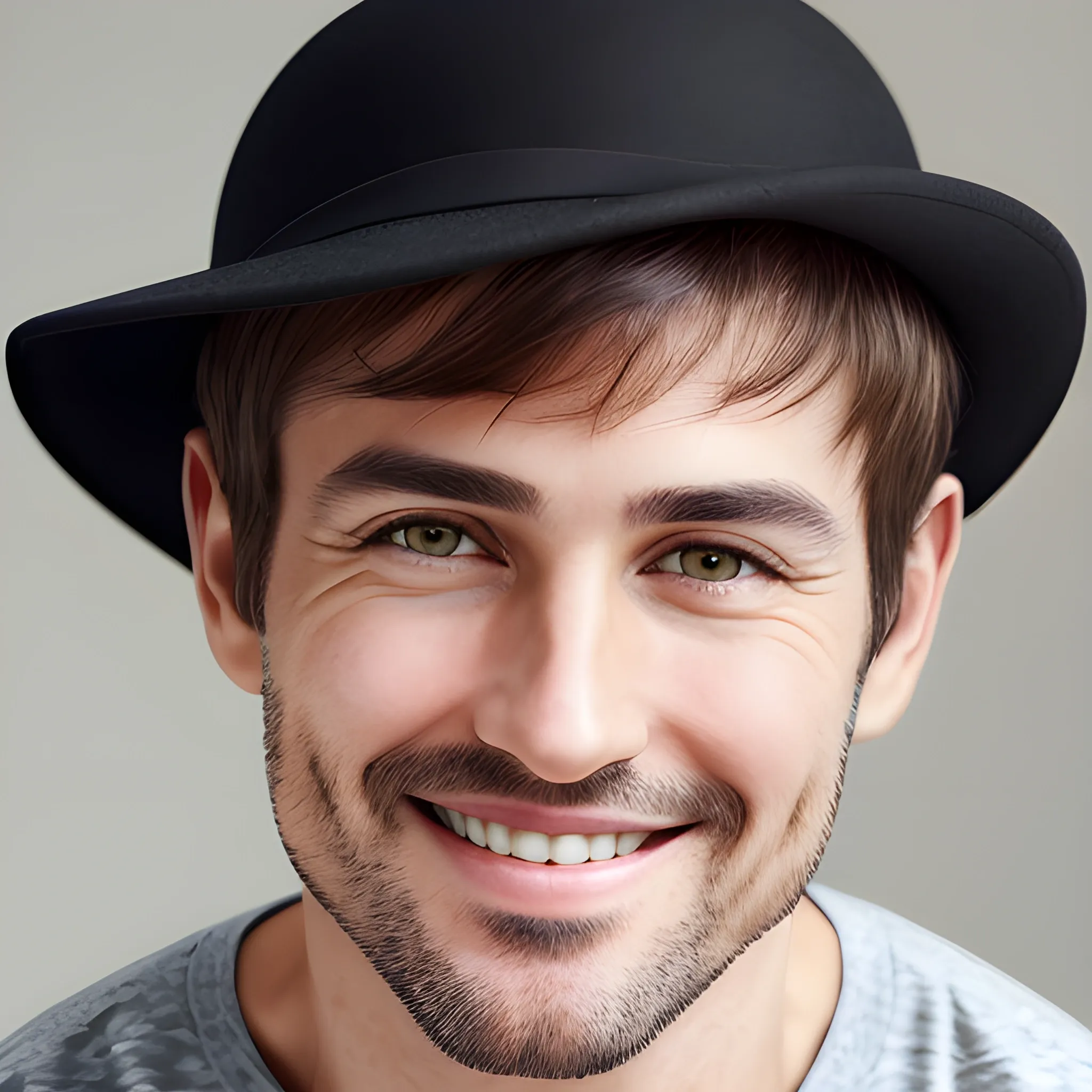 man, short hair, hairstyle, close up portrait, showing smile, elegant, wears a black hat, casual clothes, age 40, European face, bedroom background.