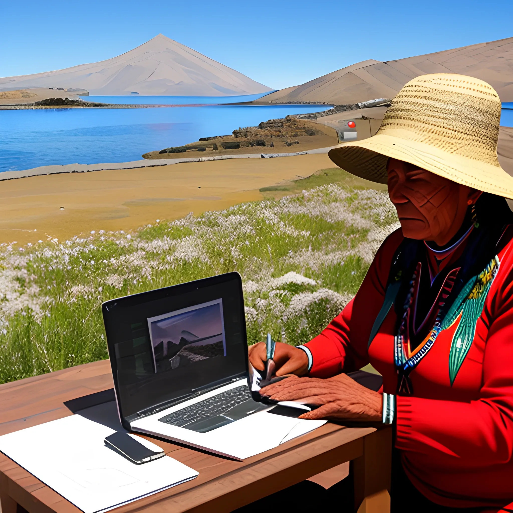 Indigenous children studying with a computer on the shores of Lake Titicaca
