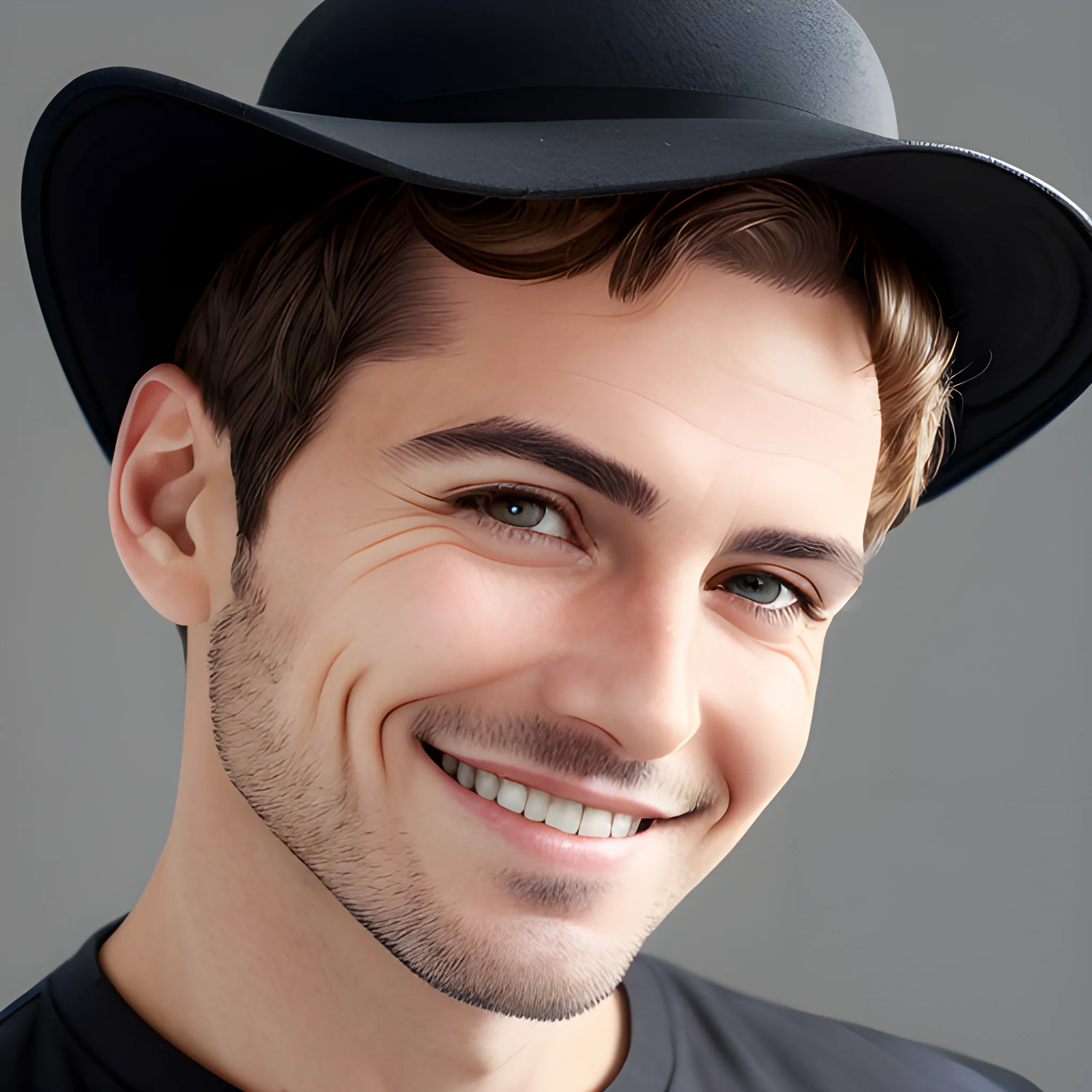 man, short hair, hairstyle, close up portrait, showing smile, elegant, wear a black hat, casual clothes, age 40, European face, bedroom background, show shoulders, arms and hands.