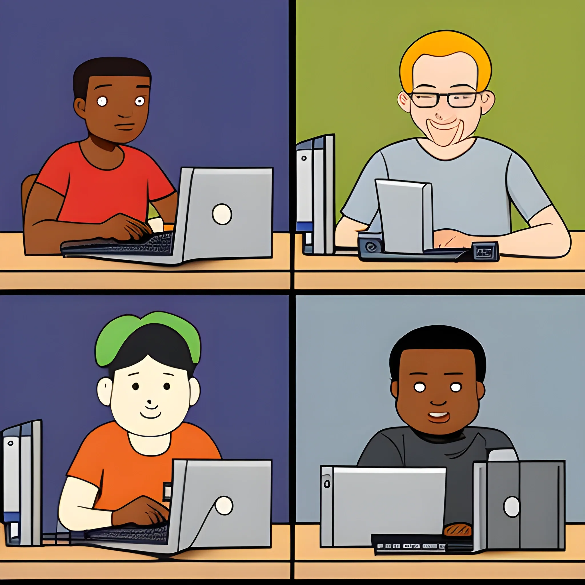 Draw three people of various ages and races, each working on a computer in different parts of the world at different times
