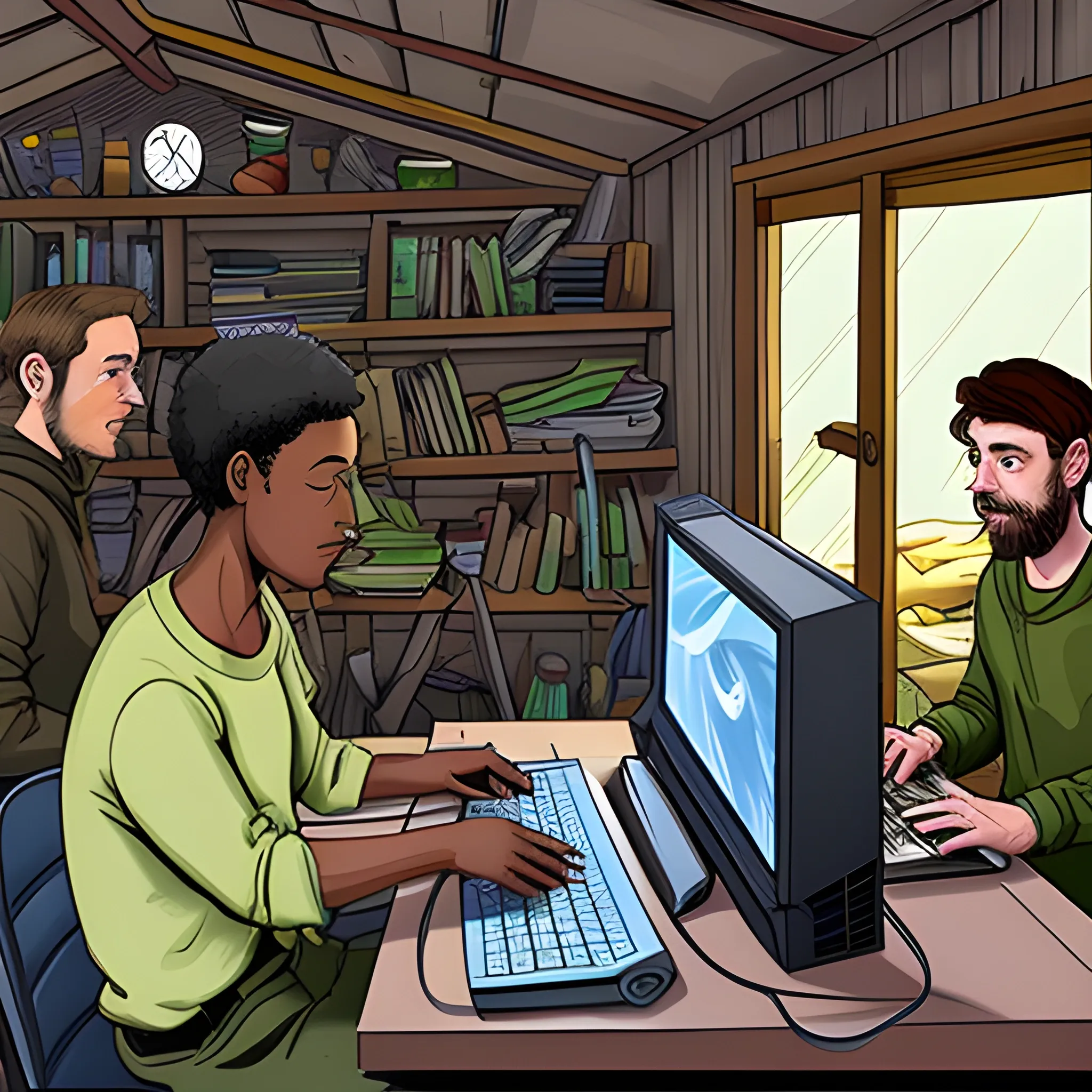 Draw three people of various ages and races, each working on a computer in a house, in the forest, in Antarctica at different times.

