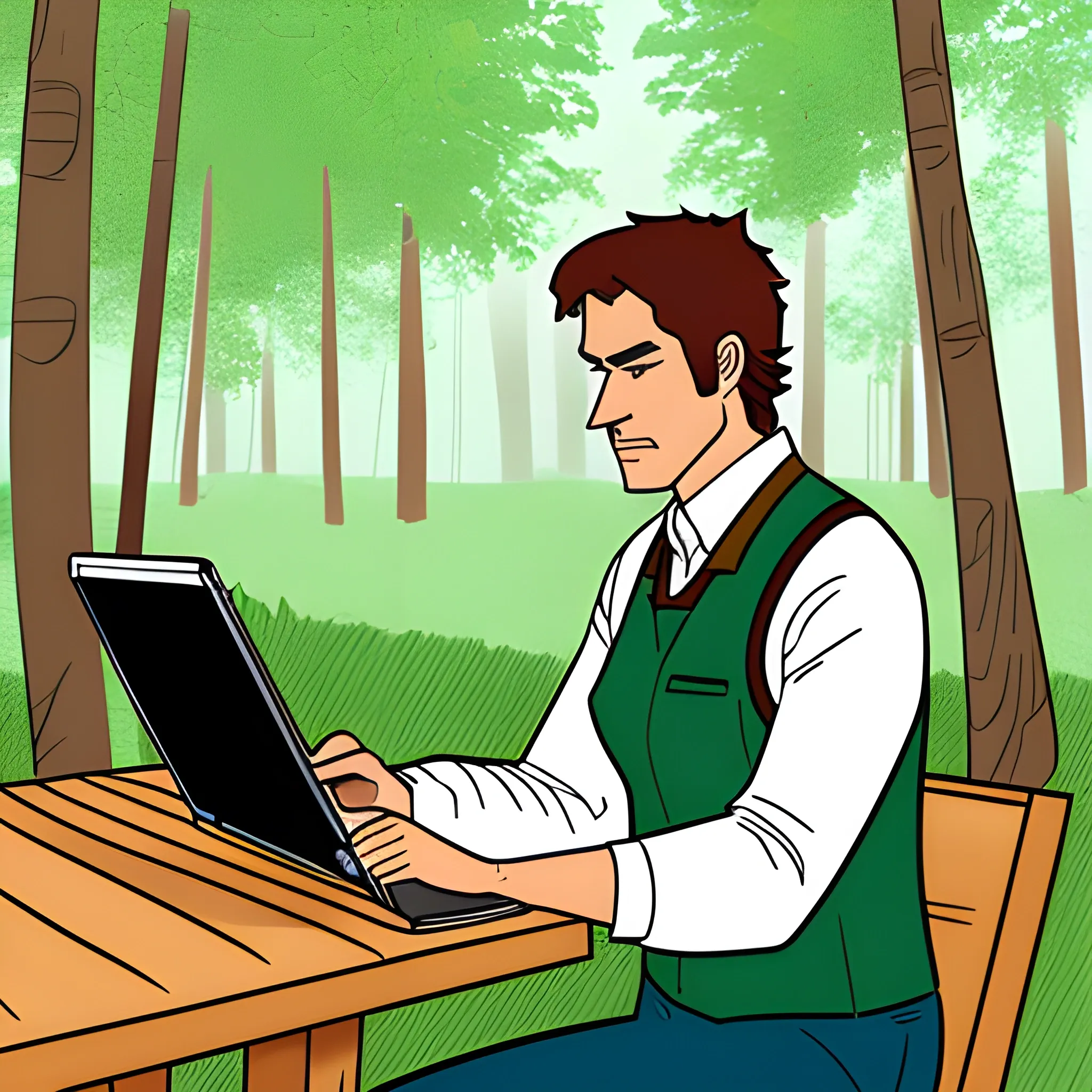 Draw two children working on an i pad with a background of a forest in the day
