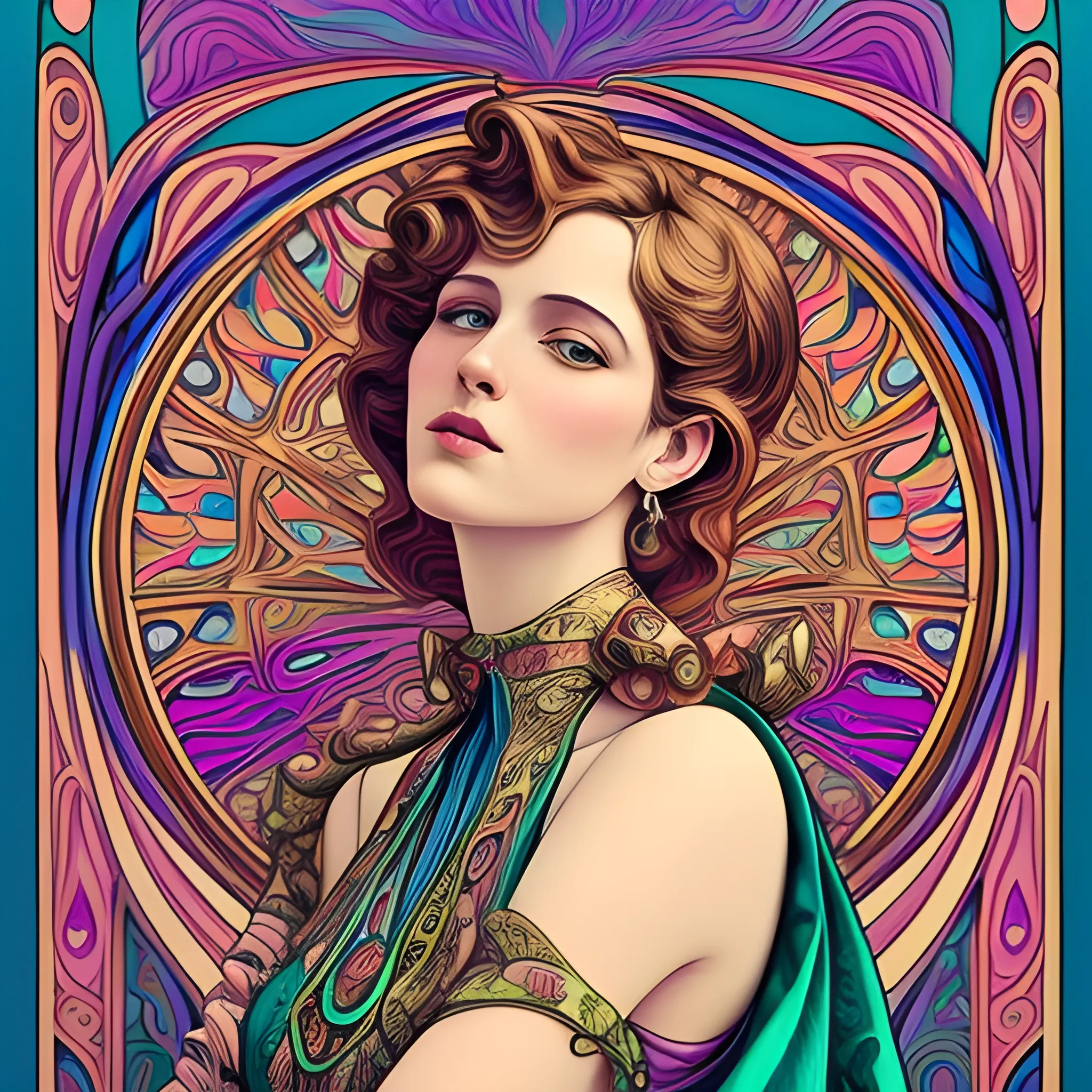 Art Nouveau painting, true aesthetics, stylish fashion shot of a beautiful woman posing in front of a psychedelic art nouveau style. Highly detailed, highest quality