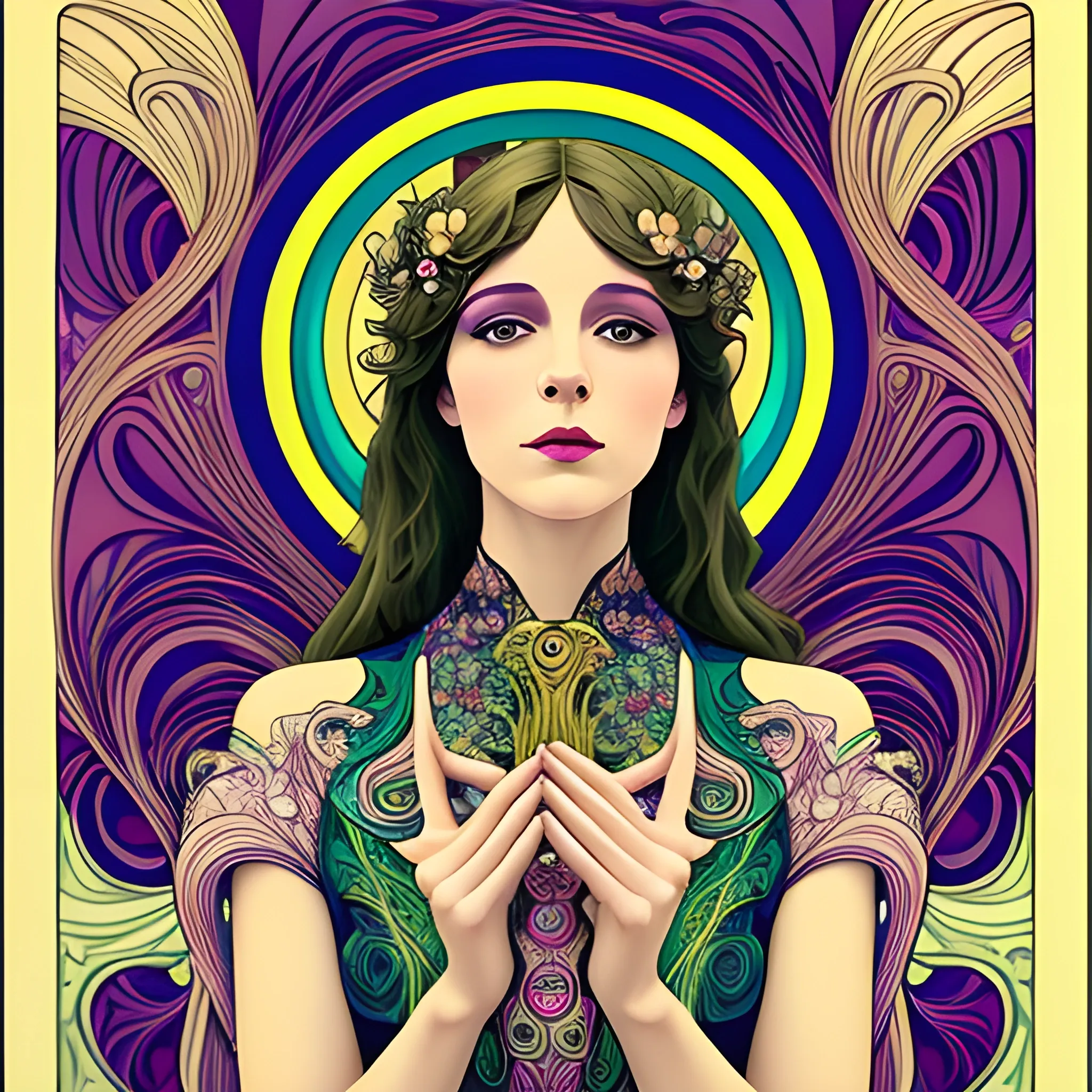 Art Nouveau painting, true aesthetics, stylish fashion shot of a beautiful woman posing in front of a psychedelic art nouveau style. Highly detailed, highest quality, Trippy