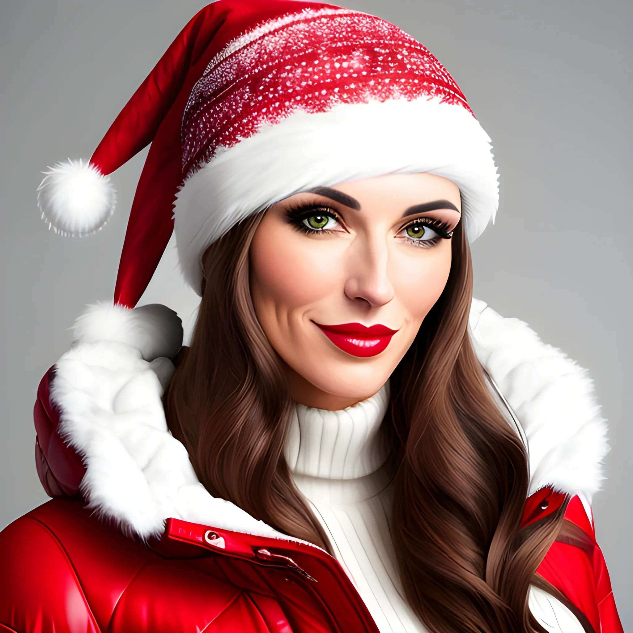Portrait of a beautiful girl wearing a knee-high white down jacket woven with abstract patterns and a Christmas hat on her head, photographic style