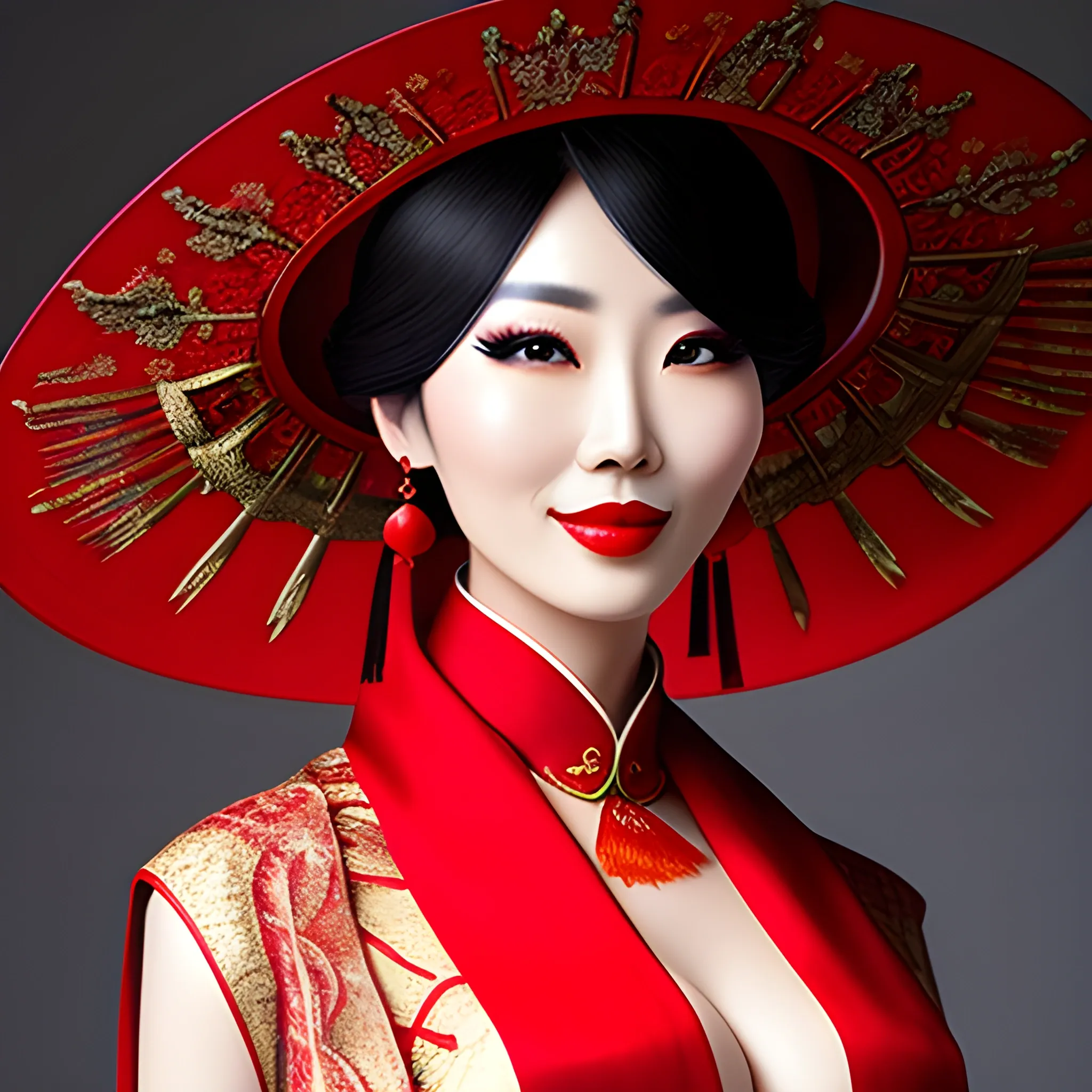 Portrait of a beautiful Chinese girl wearing a Chinese-style shawl with a big red hat on her head, photographic style