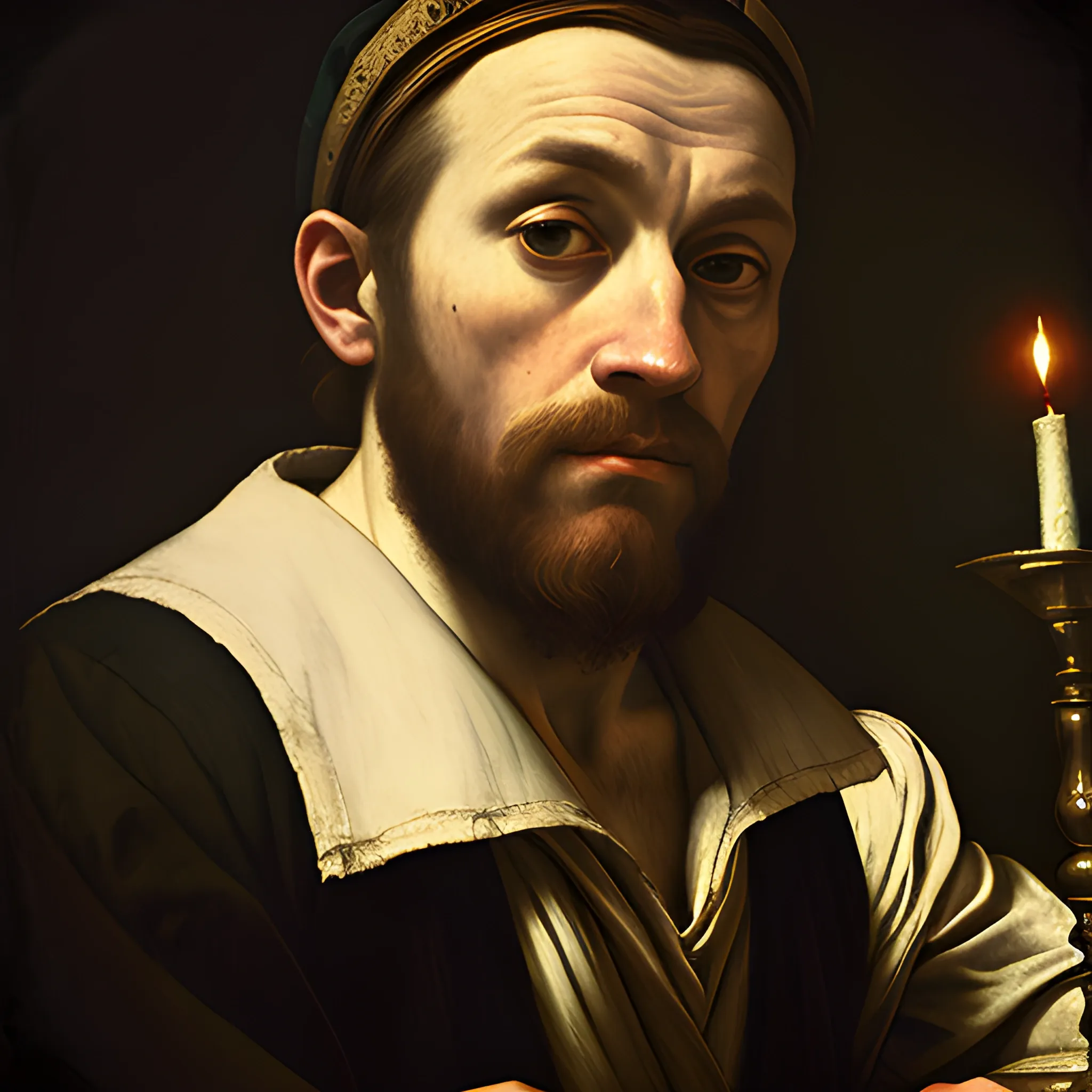 Renaissance portrait of a suspicious nervous looking sailor in a dimly lit tavern, painterly, textured, medieval, fantasy, In the style of Caravaggio, fish features, scared