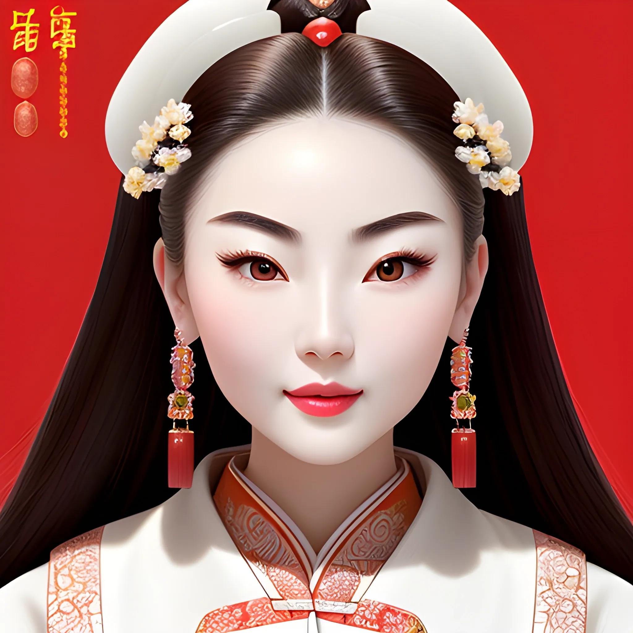 Tall and elegant eyebrows, a forehead as smooth as white jade, bright and charming eyes, a cherry like cute nose, red and soft lips, delicate and rosy cheeks, white as jade teeth, charming body, and a faint and alluring ancient Chinese woman