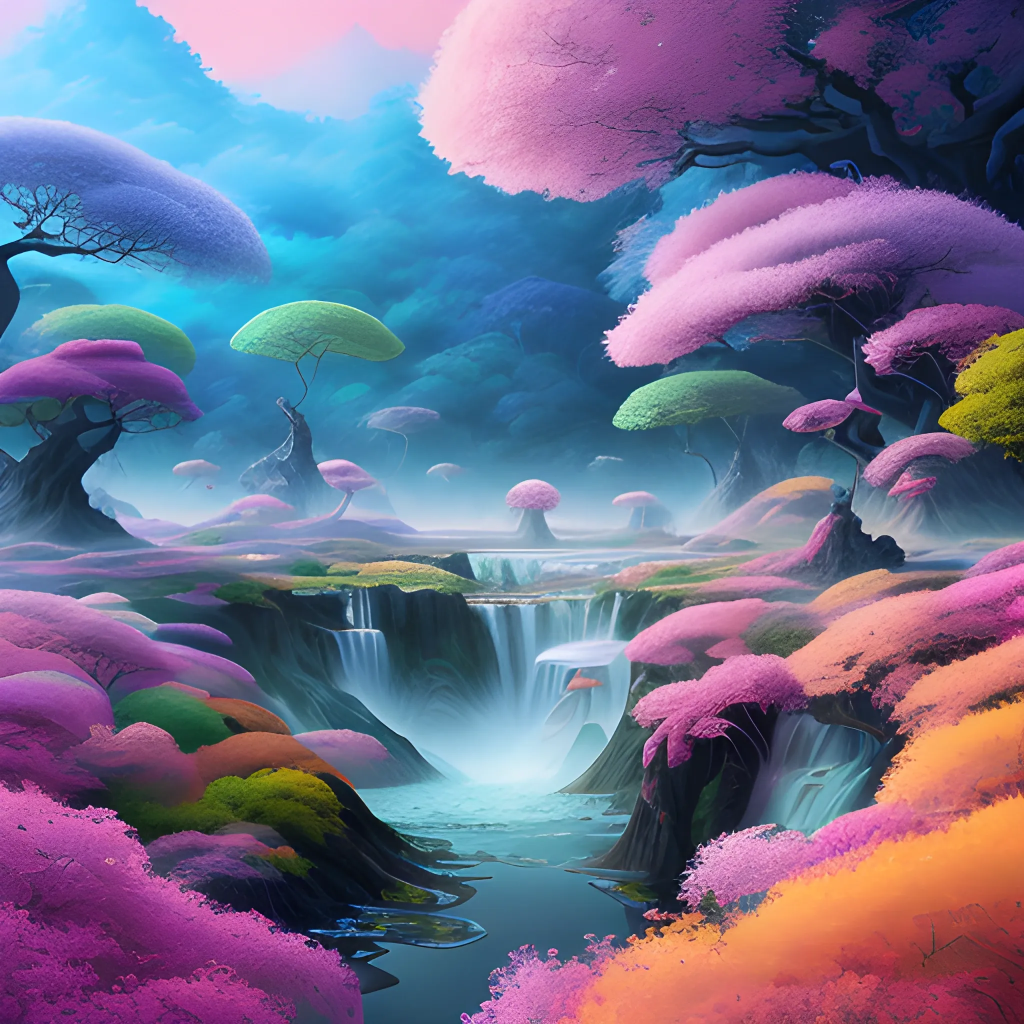 (by Ananta Mandal (and Andrew Biraj:0.5)), (in the style of nihonga), Style: Abstract, Medium: Digital illustration, Subject: An otherworldly landscape with floating islands, cascading waterfalls, and vibrant flora and fauna. Camera Angle: Overhead shot capturing the vastness and intricate details of the scene. The colors are saturated, and the lighting creates a warm and ethereal atmosphere. The painting is highly detailed, with every brushstroke capturing the complexity of the imaginary world., (high quality), (detailed), (masterpiece), (best quality), (highres), (extremely detailed), (8k)