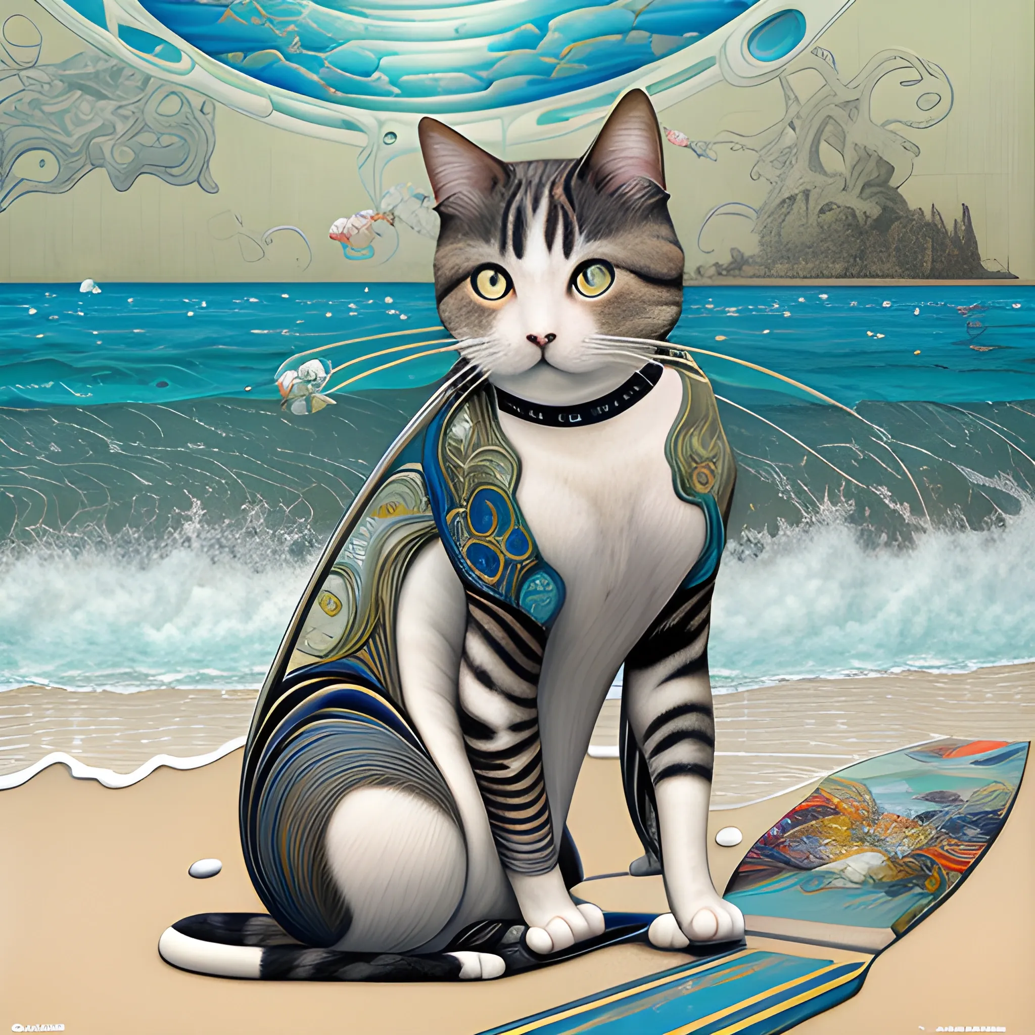 Art Nouveau art and Manabu Ikeda inspired painting of a cat playing on a beach. True aesthetics, cinematic, sharpened, detailed.