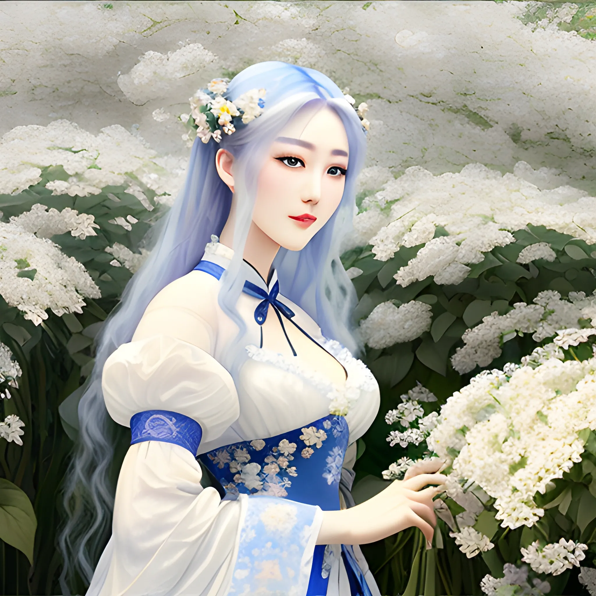 Antique style, Monet Garden, Monet Art style, complex and magnificent dark blue background, full of flowers, white flowers, blue flowers, purple flowers, a girl, exquisite white Hanfu, white hair fluttering, hair fluttering, exquisite facial features, mottled light and shadow, sunlight shining on the face, the highest image quality, with flowers on the back, surrounded by flowers, covered with white flowers, exquisite CG masterpiece, girl,