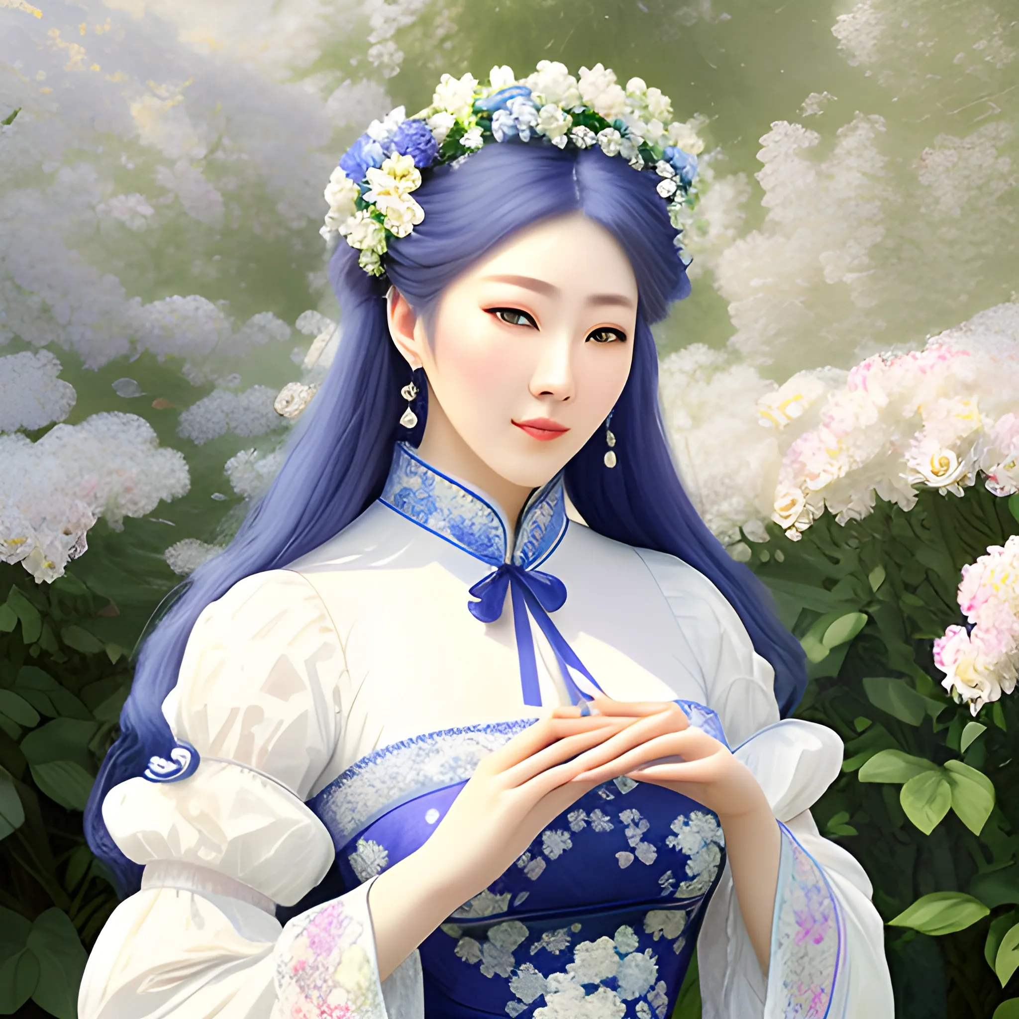 Antique style, Monet Garden, Monet Art style, complex and magnificent dark blue background, full of flowers, white flowers, blue flowers, purple flowers, a girl, exquisite white Hanfu, white hair fluttering, hair fluttering, exquisite facial features, mottled light and shadow, sunlight shining on the face, the highest image quality, with flowers on the back, surrounded by flowers, covered with white flowers, exquisite CG masterpiece, girl,