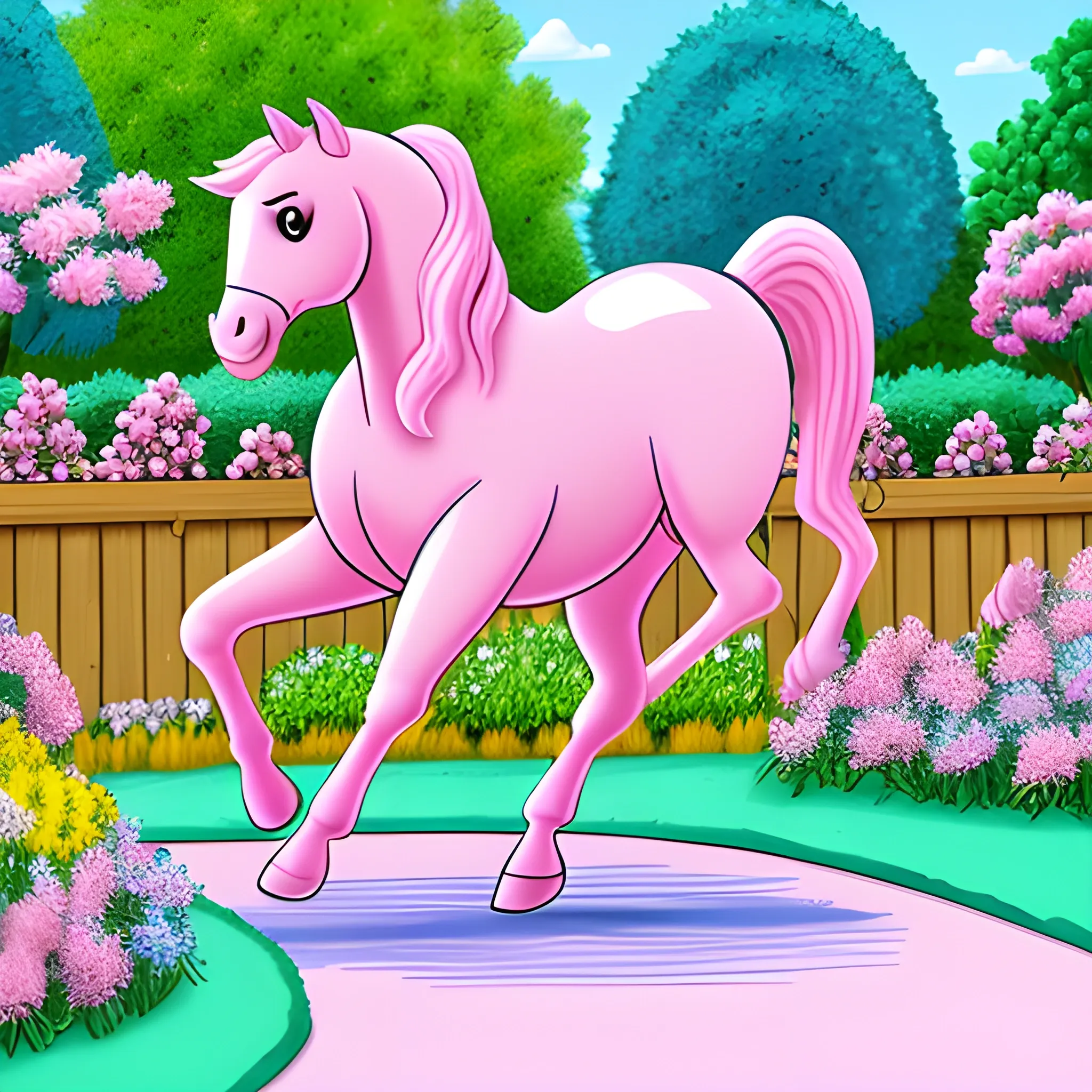 pink horse running in light blue garden, Cartoon