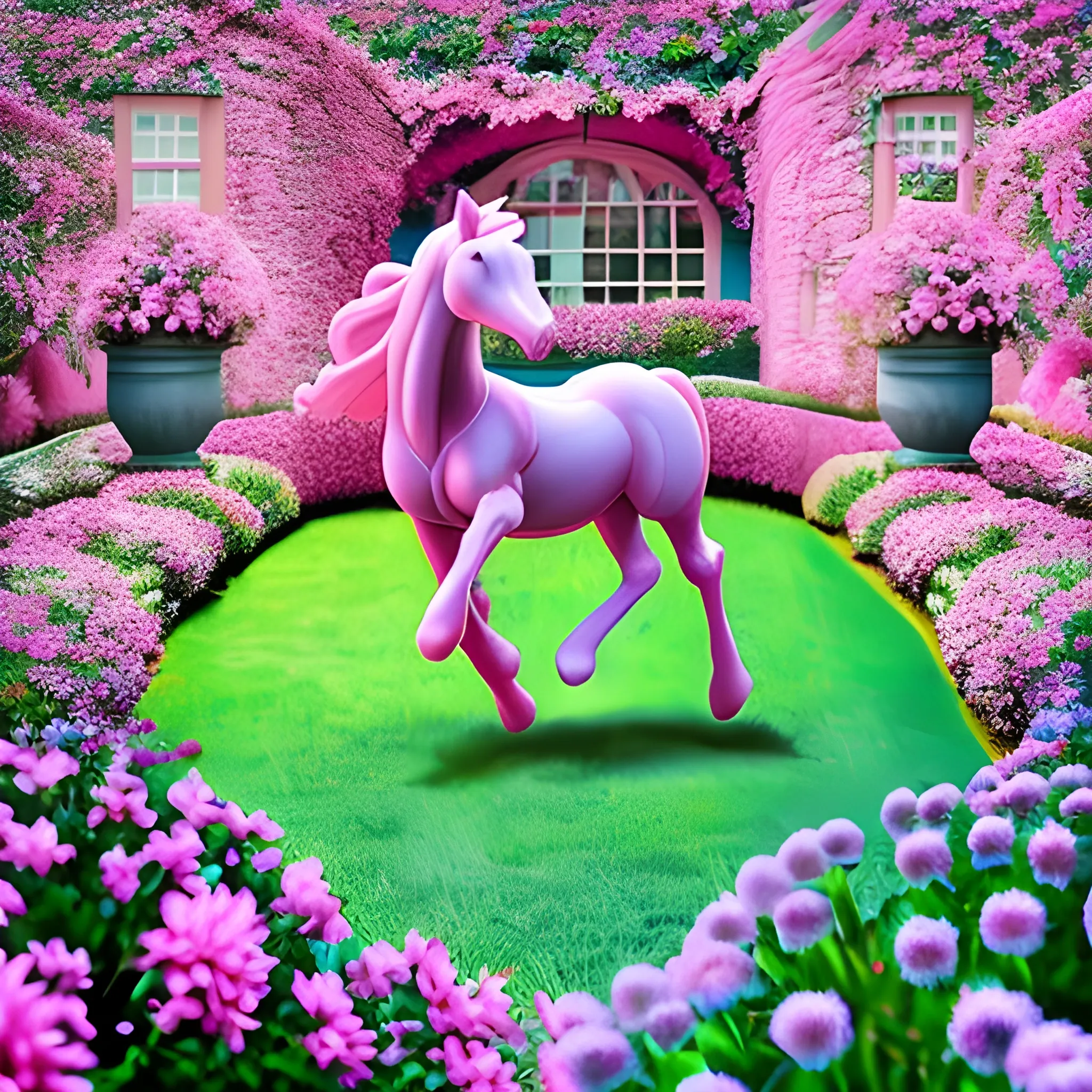 pink horse running in light blue garden, Trippy