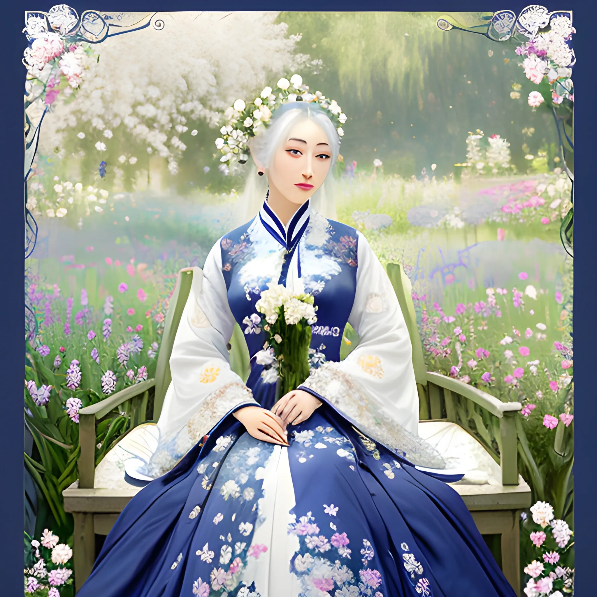 Antique style, Monet Garden, Monet Art style, complex and magnificent dark blue background, full of flowers, white flowers, blue flowers, purple flowers, a girl, exquisite white Hanfu, white hair fluttering, hair fluttering, exquisite facial features, mottled light and shadow, sunlight shining on the face, the highest image quality, with flowers on the back, surrounded by flowers, covered with white flowers, exquisite CG masterpiece, girl,