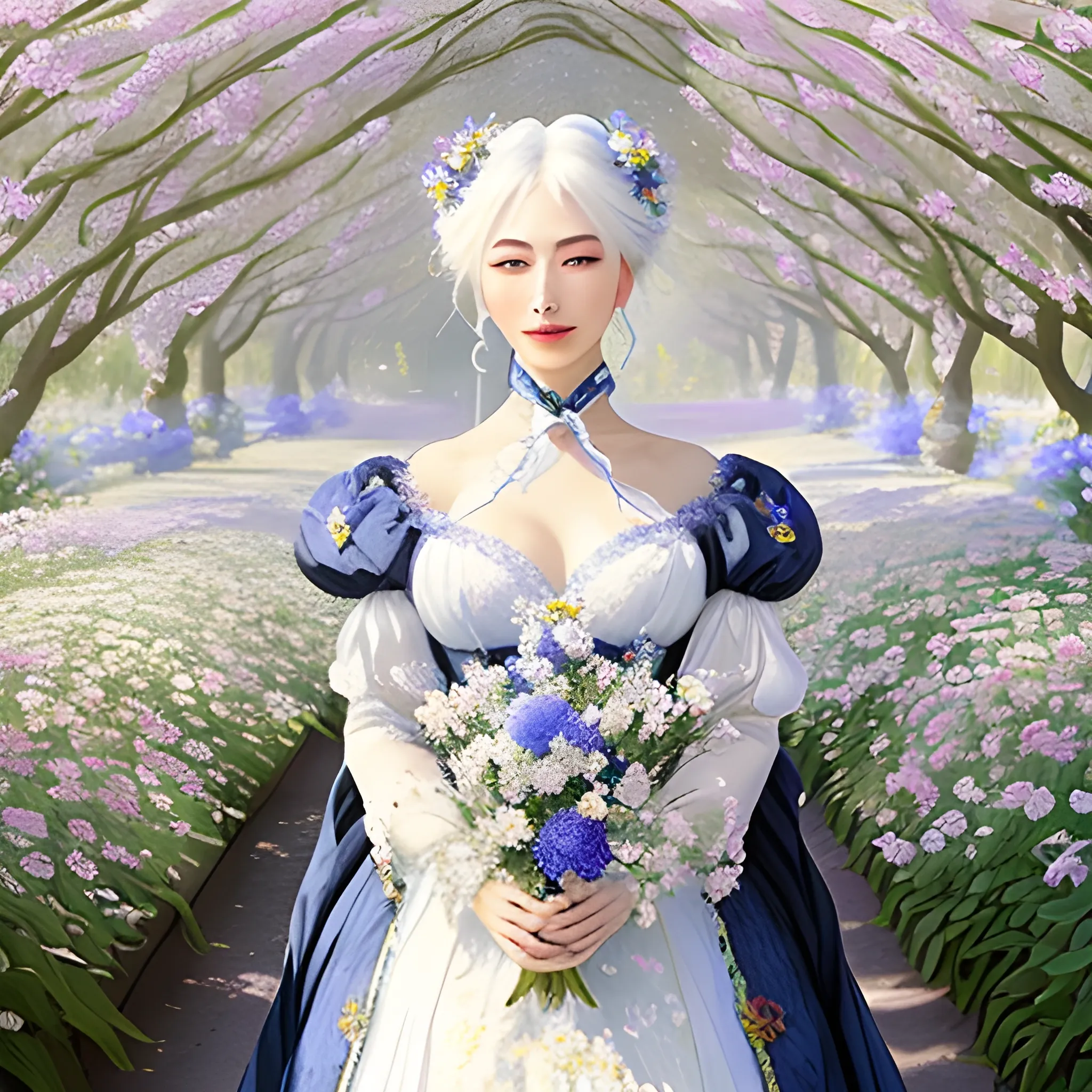 Antique style, Monet Garden, Monet Art style, complex and magnificent dark blue background, full of flowers, white flowers, blue flowers, purple flowers, a girl, exquisite white Hanfu, white hair fluttering, hair fluttering, exquisite facial features, mottled light and shadow, sunlight shining on the face, the highest image quality, with flowers on the back, surrounded by flowers, covered with white flowers, exquisite CG masterpiece, girl,