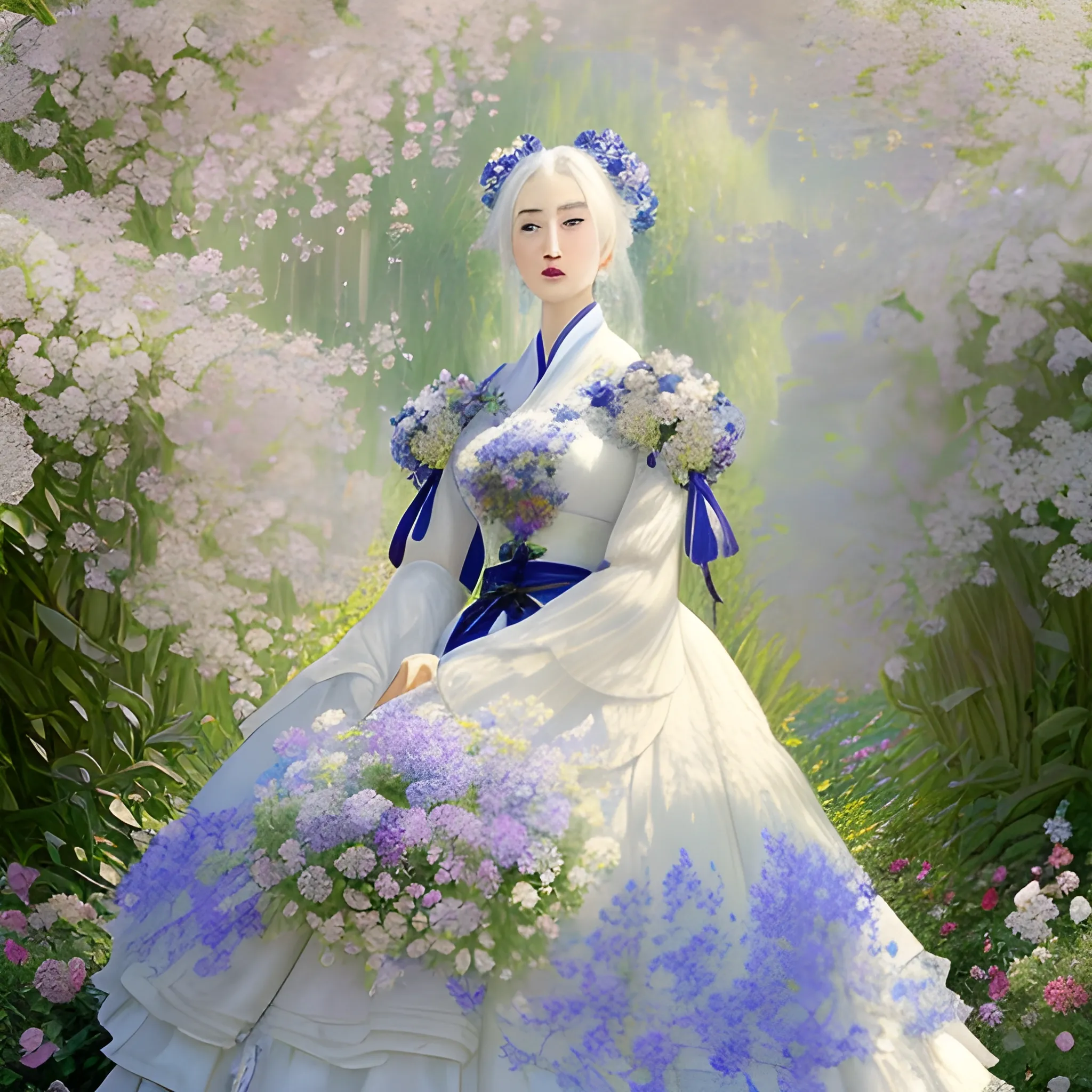 Antique style, Monet Garden, Monet Art style, complex and magnificent dark blue background, full of flowers, white flowers, blue flowers, purple flowers, a girl, exquisite white Hanfu, white hair fluttering, hair fluttering, exquisite facial features, mottled light and shadow, sunlight shining on the face, the highest image quality, with flowers on the back, surrounded by flowers, covered with white flowers, exquisite CG masterpiece, girl,