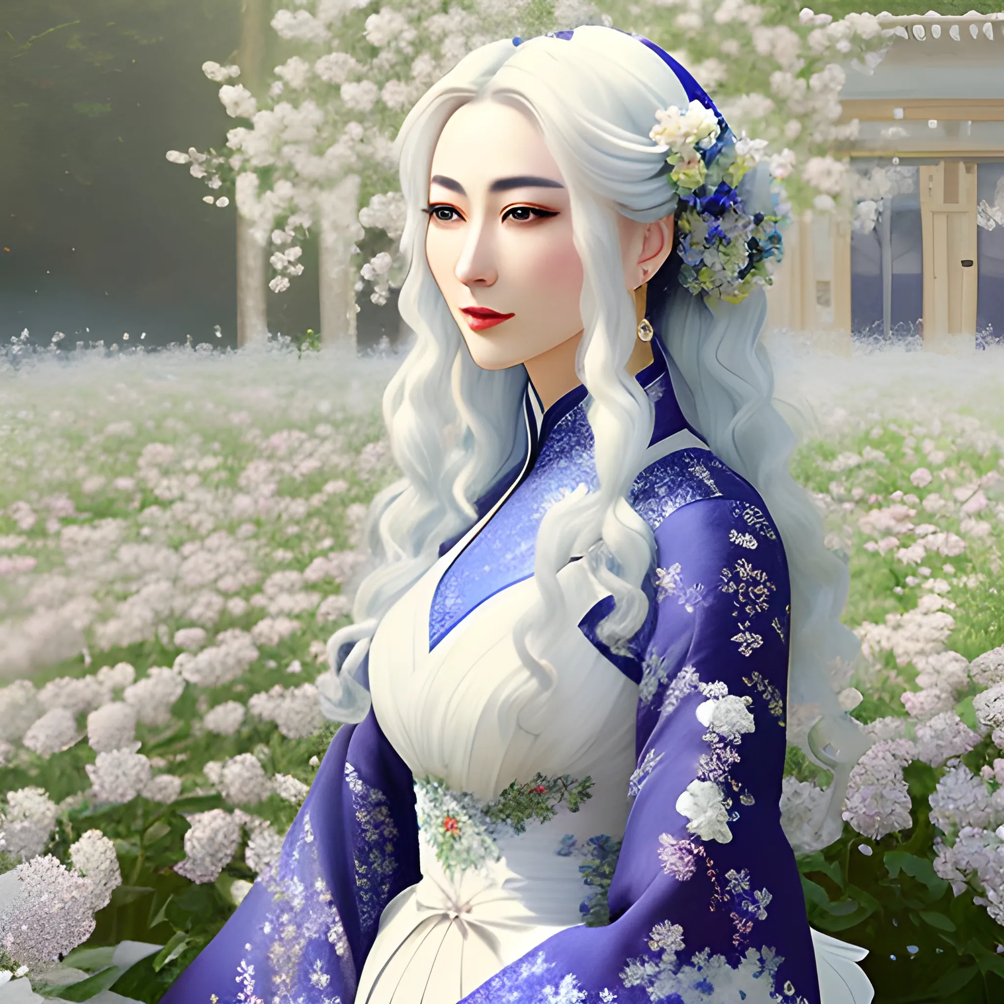 Antique style, Monet Garden, Monet Art style, complex and magnificent dark blue background, full of flowers, white flowers, blue flowers, purple flowers, a girl, exquisite white Hanfu, white hair fluttering, hair fluttering, exquisite facial features, mottled light and shadow, sunlight shining on the face, the highest image quality, with flowers on the back, surrounded by flowers, covered with white flowers, exquisite CG masterpiece, girl, face with a five pointed star