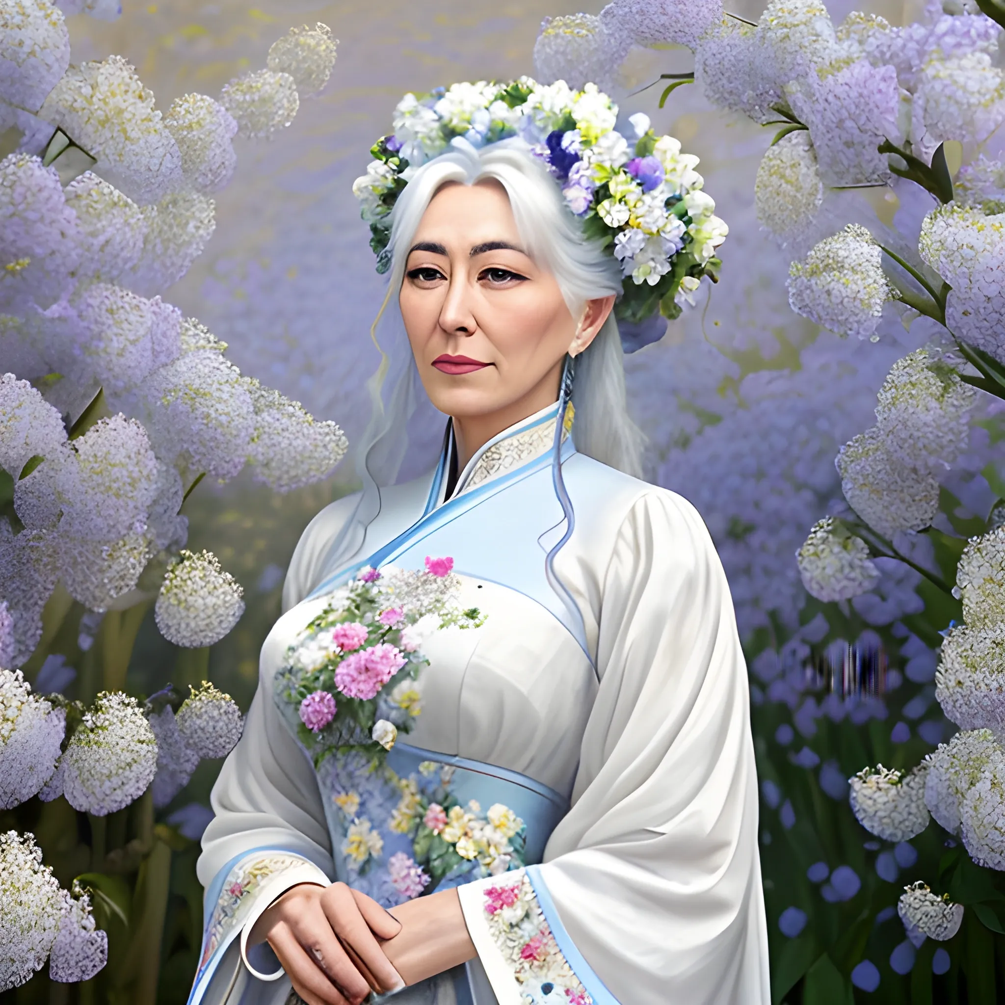 Antique style, Monet Garden, Monet Art style, complex and magnificent dark blue background, full of flowers, white flowers, blue flowers, purple flowers, a girl, exquisite white Hanfu, white hair fluttering, hair fluttering, exquisite facial features, mottled light and shadow, sunlight shining on the face, the highest image quality, with flowers on the back, surrounded by flowers, covered with white flowers, exquisite CG masterpiece, girl, Scars on the face