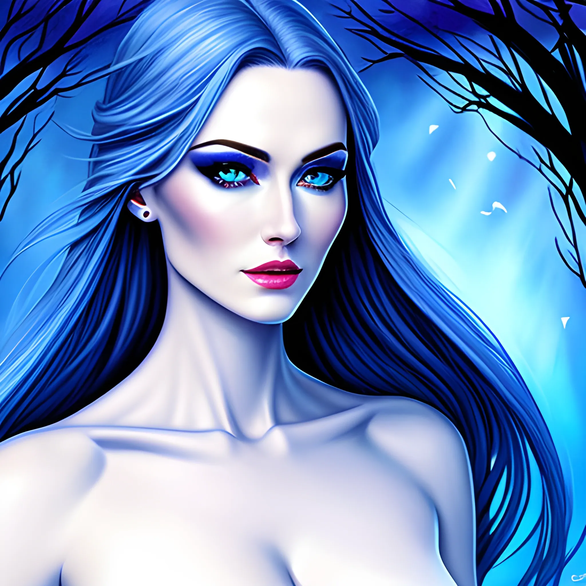 Beautiful girl with blue eyes, high detail, blue scene, hauntingly beautiful illustration