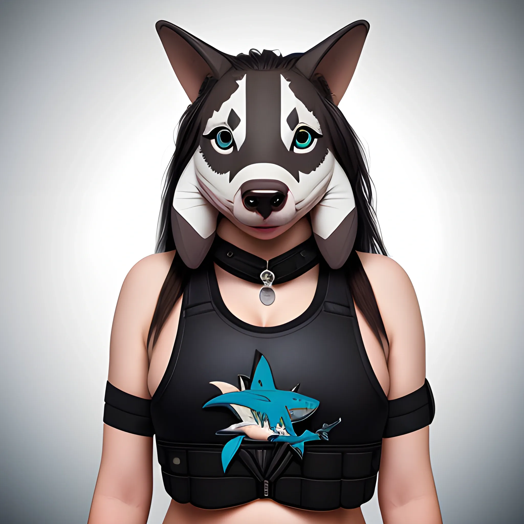 (masterpiece), (portrait photography), (portrait of a female Sharkie fursona), no makeup, flat chested, white sports bra, dogtags, long hair, black hair, blue eyes, full lips, round face, round nose, plump cheeks, black Bulletproof vest