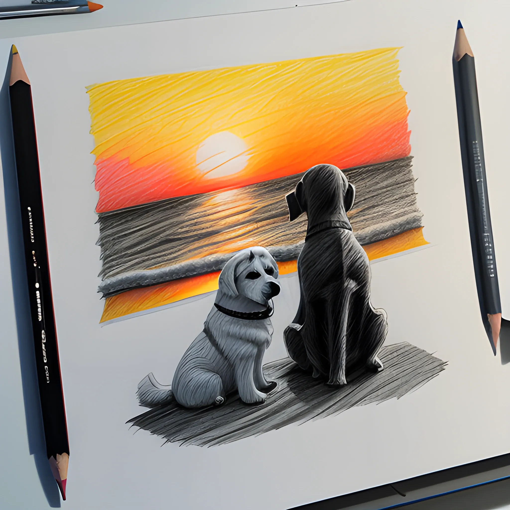 Sunset and dog, 3D, Pencil Sketch - Arthub.ai