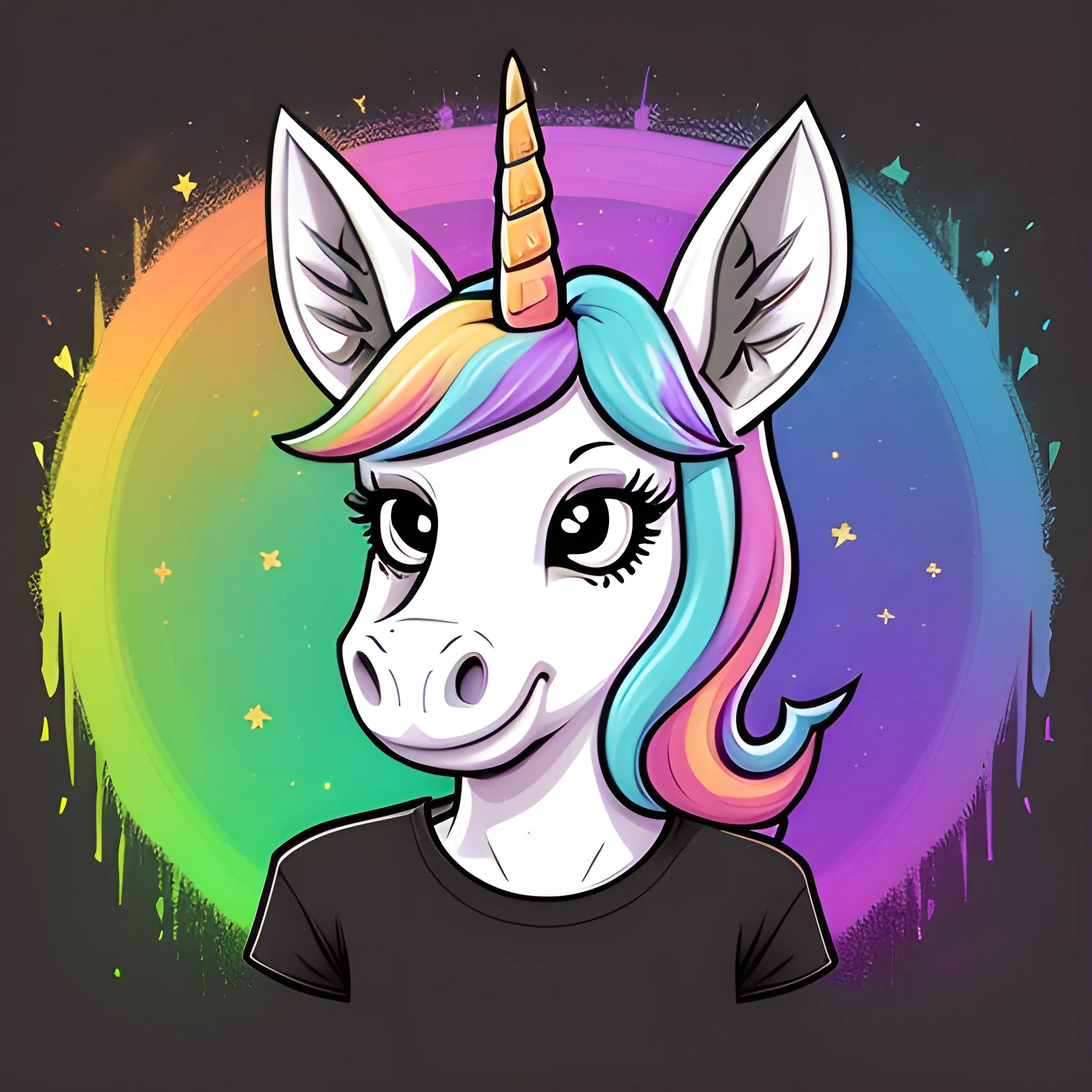 t-shirt design, the colorful
unicorn head is on a black
background, in the style of 8k
resolution, colorful gradients,
tim shumate, cute and colorful,
massurrealism, magipunk,
charming characters, black
background