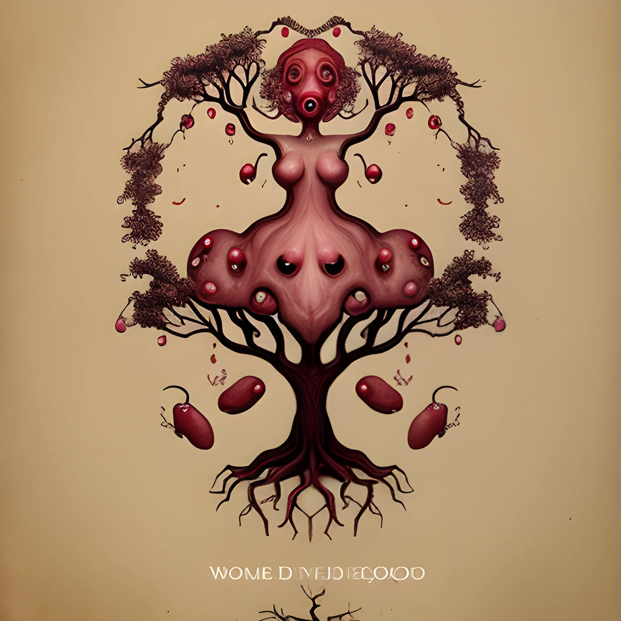 a tree that has the figure of a woman, from the breasts two fruits dripping with blood come out and below a group of animals with the head of a man, a pop surrealism style, and as if it were a color drawing from the 17th century, behance contest winner, great definition
