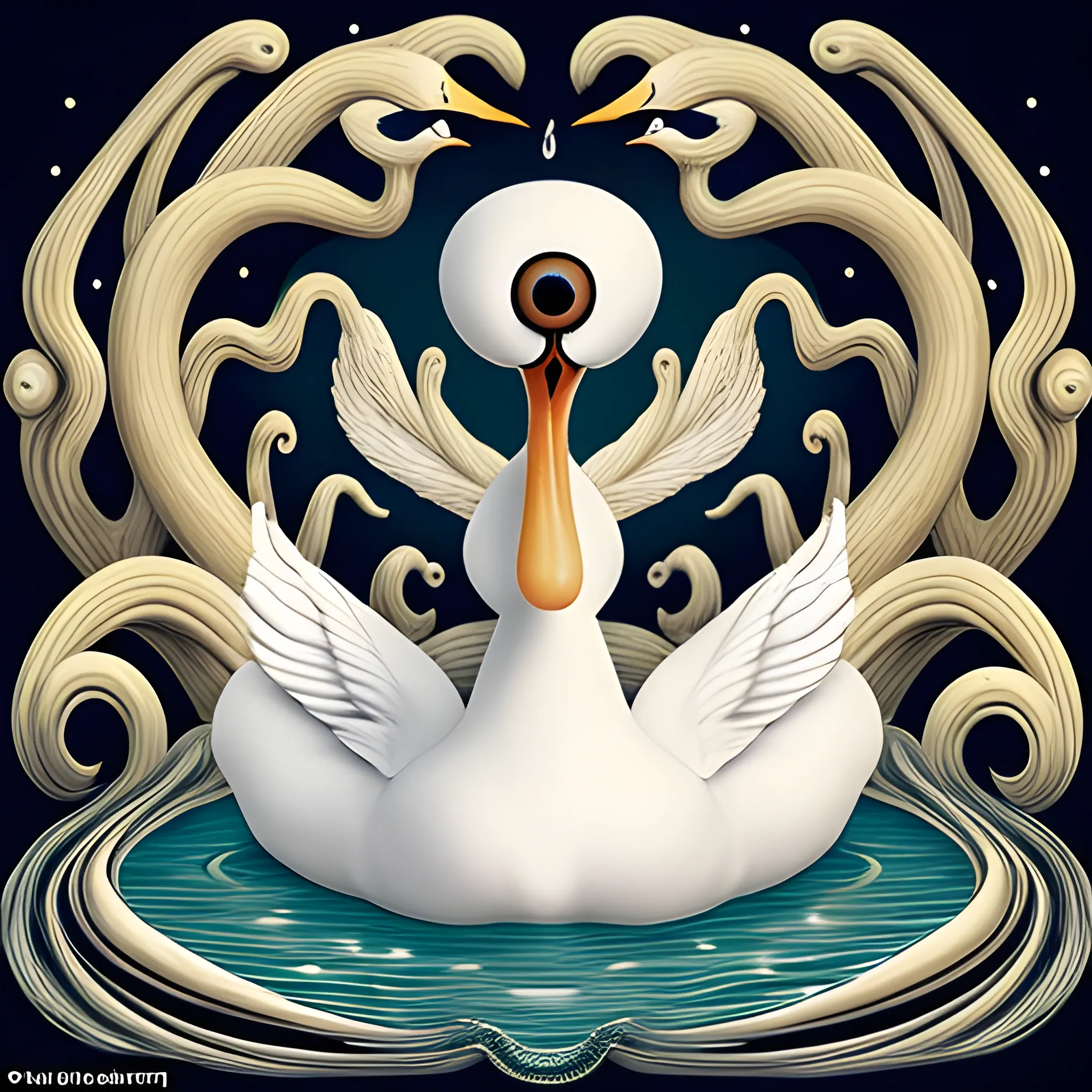 a swan with a giant eye on the body and that tears from that eye give rise to new swans, a surreal style, as if it were drawn in the 17th century