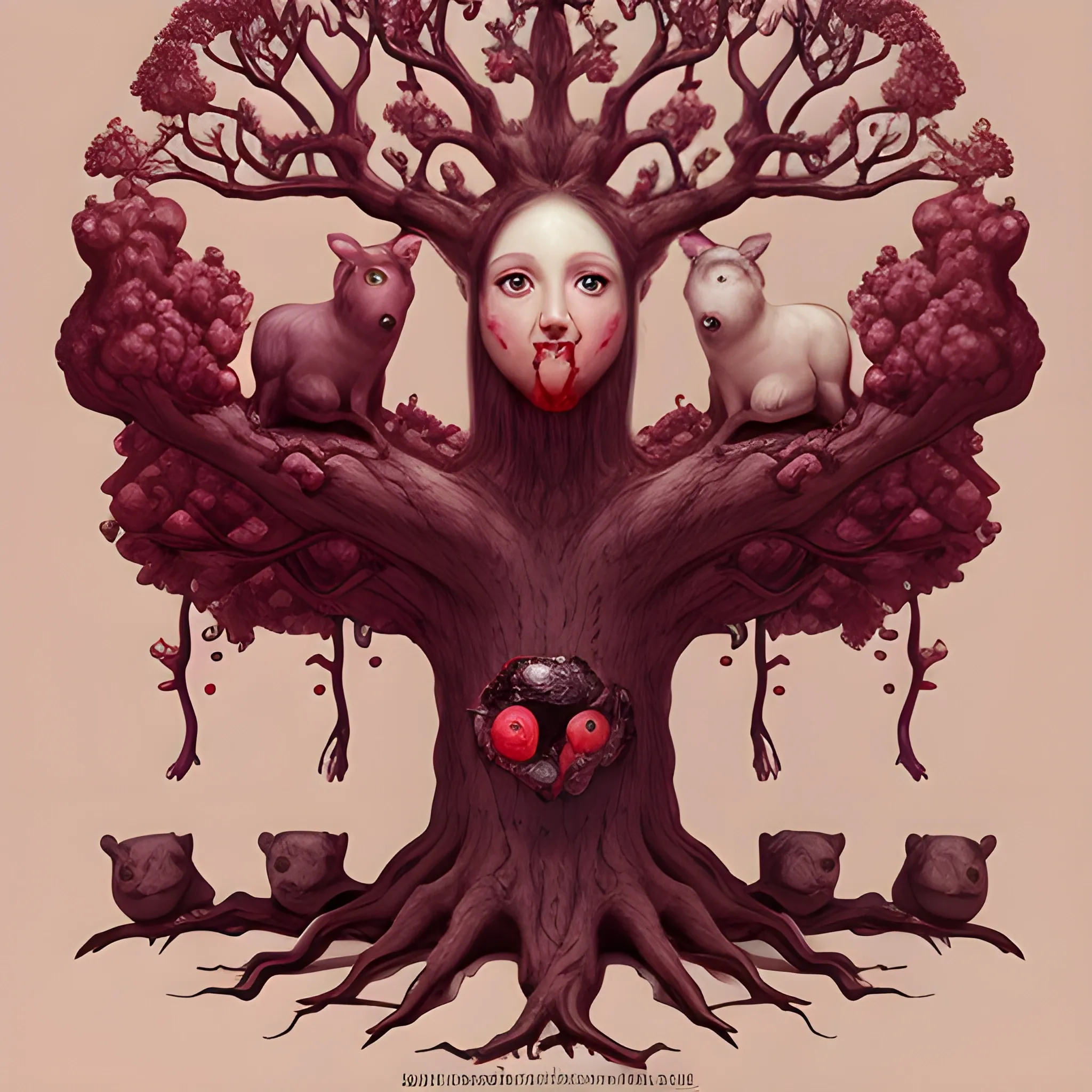 a tree with a real figure of a woman, from the breasts two fruits dripping with blood come out and below a group of animals with the head of a man, a pop surrealism style, and as if it were a color drawing from the 17th century, behance contest winner, great definition
