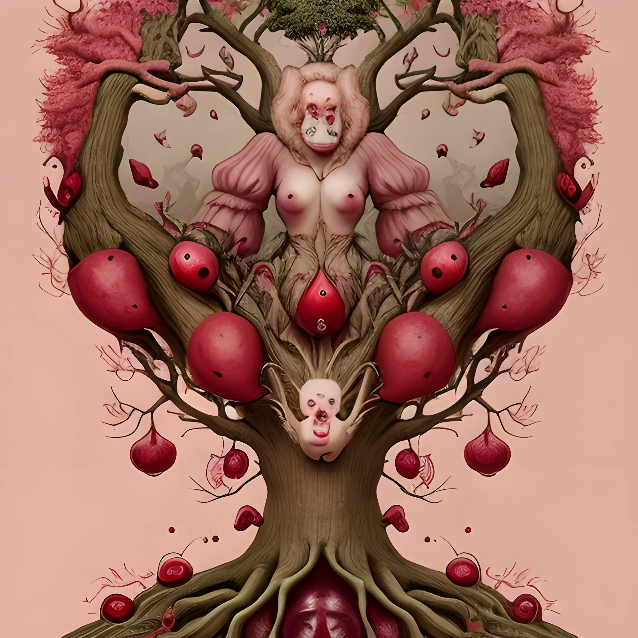 a tree with a real figure of a woman, from the breasts two fruits dripping with blood come out and below a group of animals with the head of a man, a pop surrealism style, and as if it were a color drawing from the 17th century, behance contest winner, great definition,  jardin de las delicias
