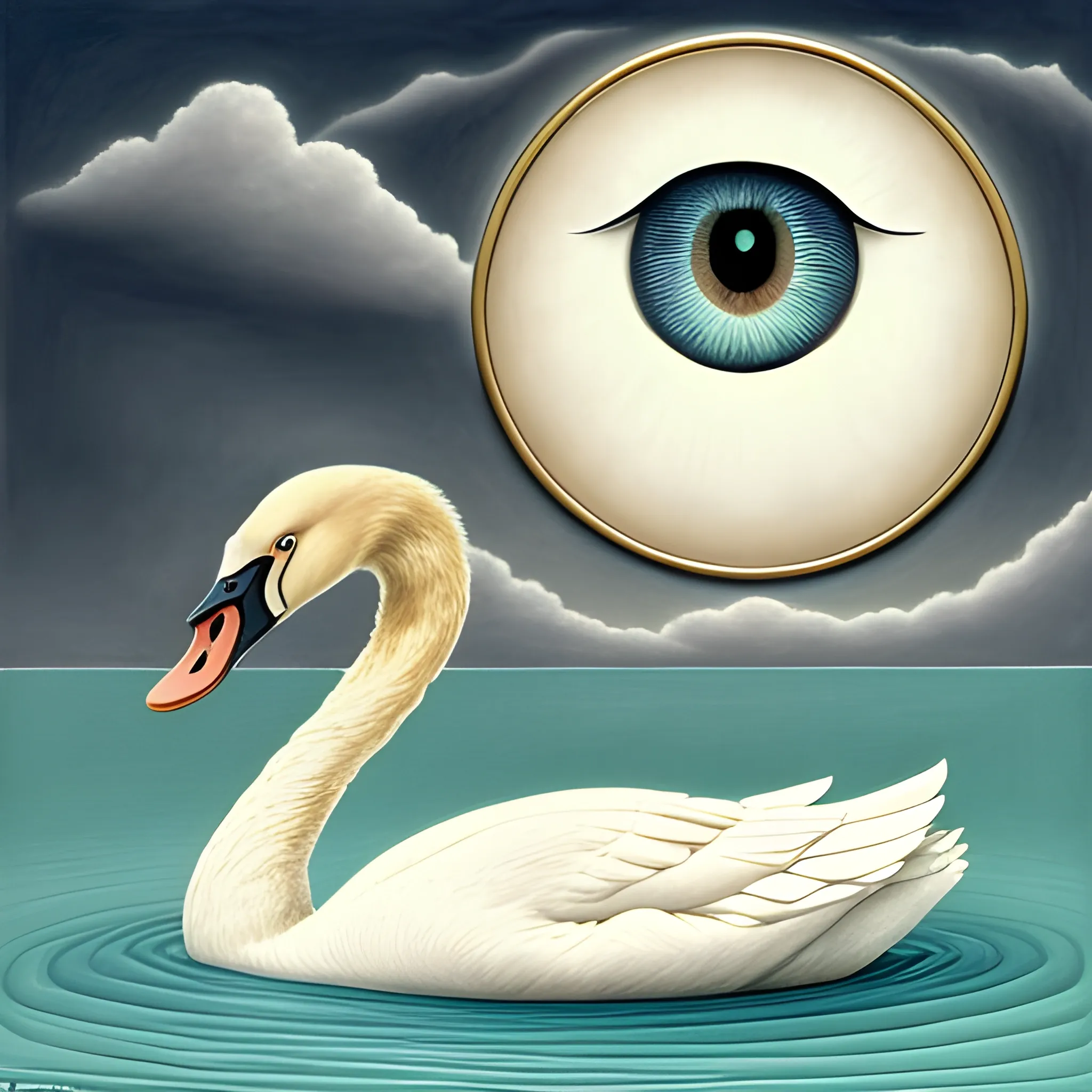 a swan with a giant eye on the body and that tears from that eye give rise to new swans, a surrealism style, and as if it were a color drawing from the 17th century