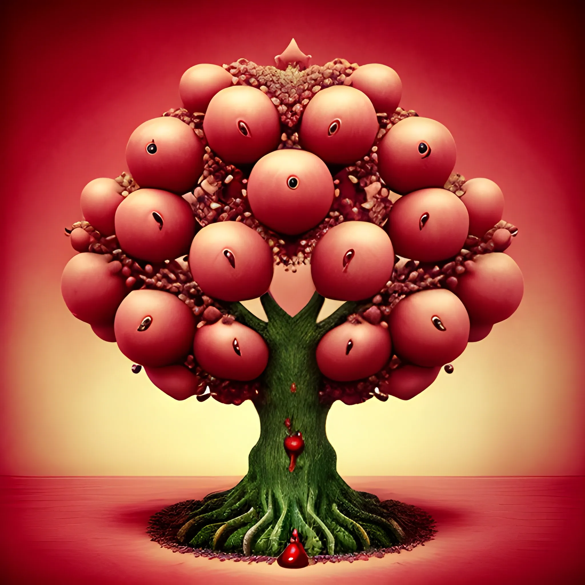 a tree with a real figure of a woman, from the breasts two fruits dripping with blood, a 
 surrealism style, and as if it were a color drawing from the 17th century, behance contest winner, great definition,  jardin de las delicias
